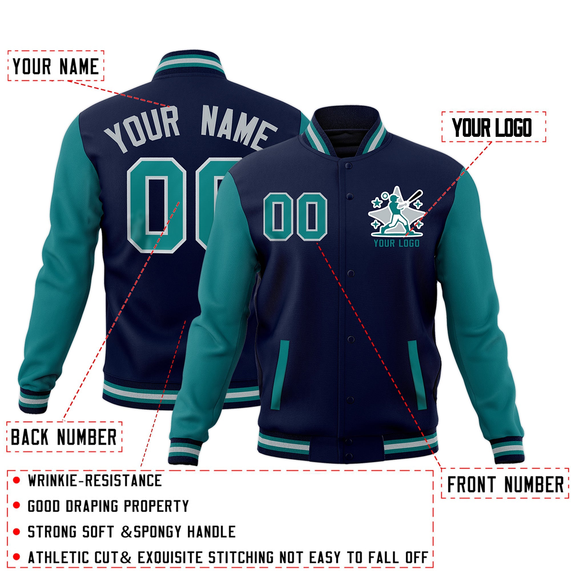 Custom Navy Teal Gray Raglan Sleeves Full-Snap Letterman Jacket| KXKSHOP