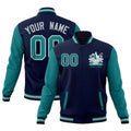 Custom Navy Teal Gray Raglan Sleeves Full-Snap Letterman Jacket| KXKSHOP