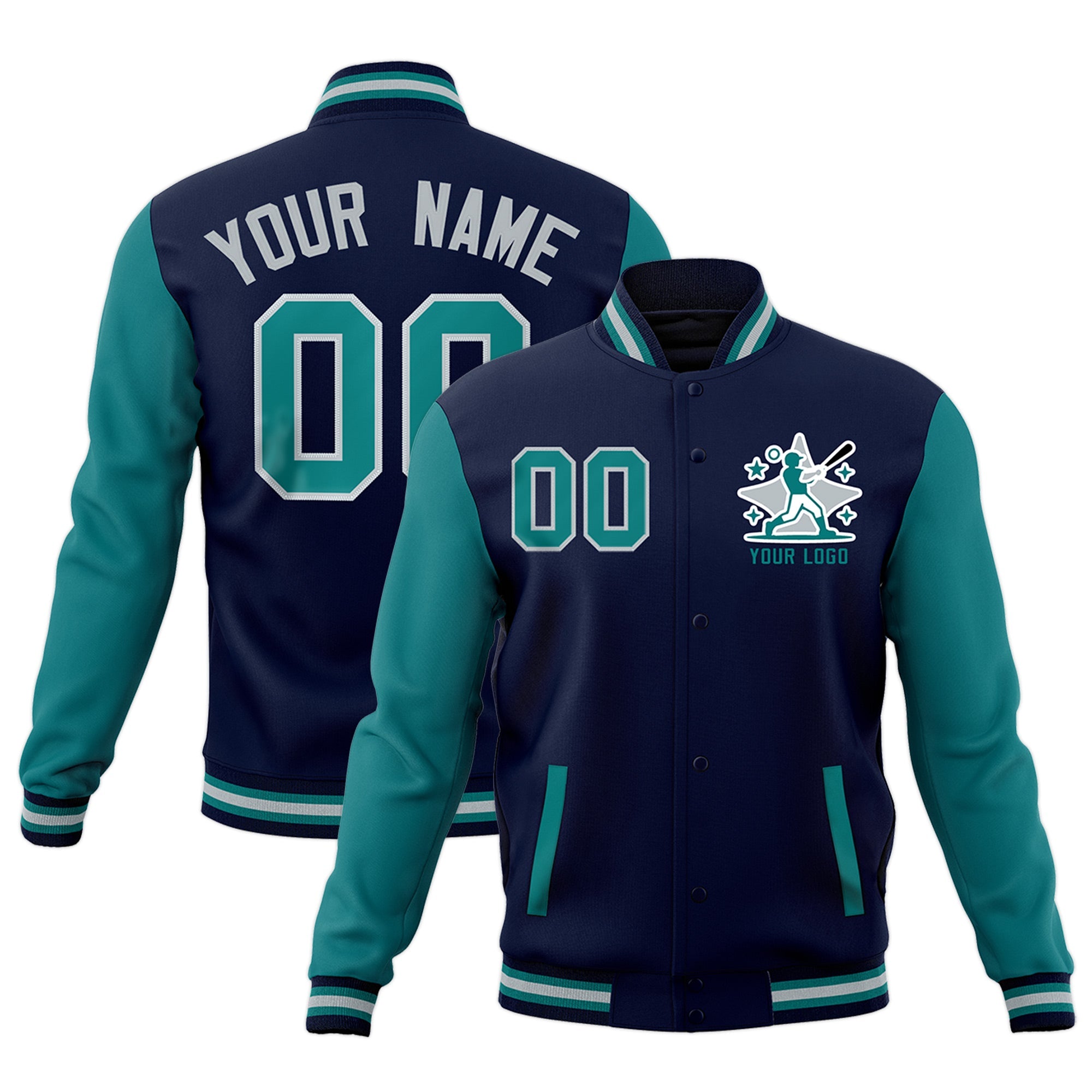 Custom Navy Teal Gray Raglan Sleeves Full-Snap Letterman Jacket| KXKSHOP