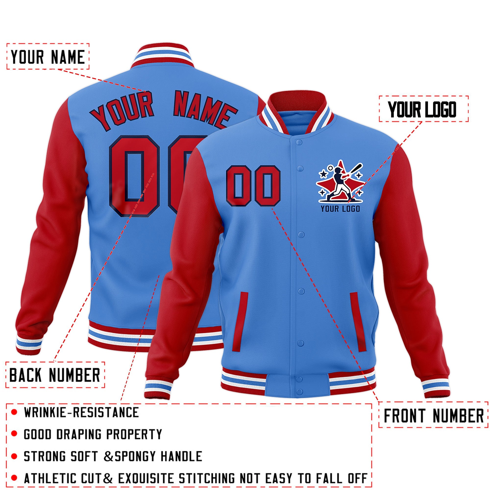 Custom Powder Blue Red White Raglan Sleeves Full-Snap Letterman Jacket| KXKSHOP