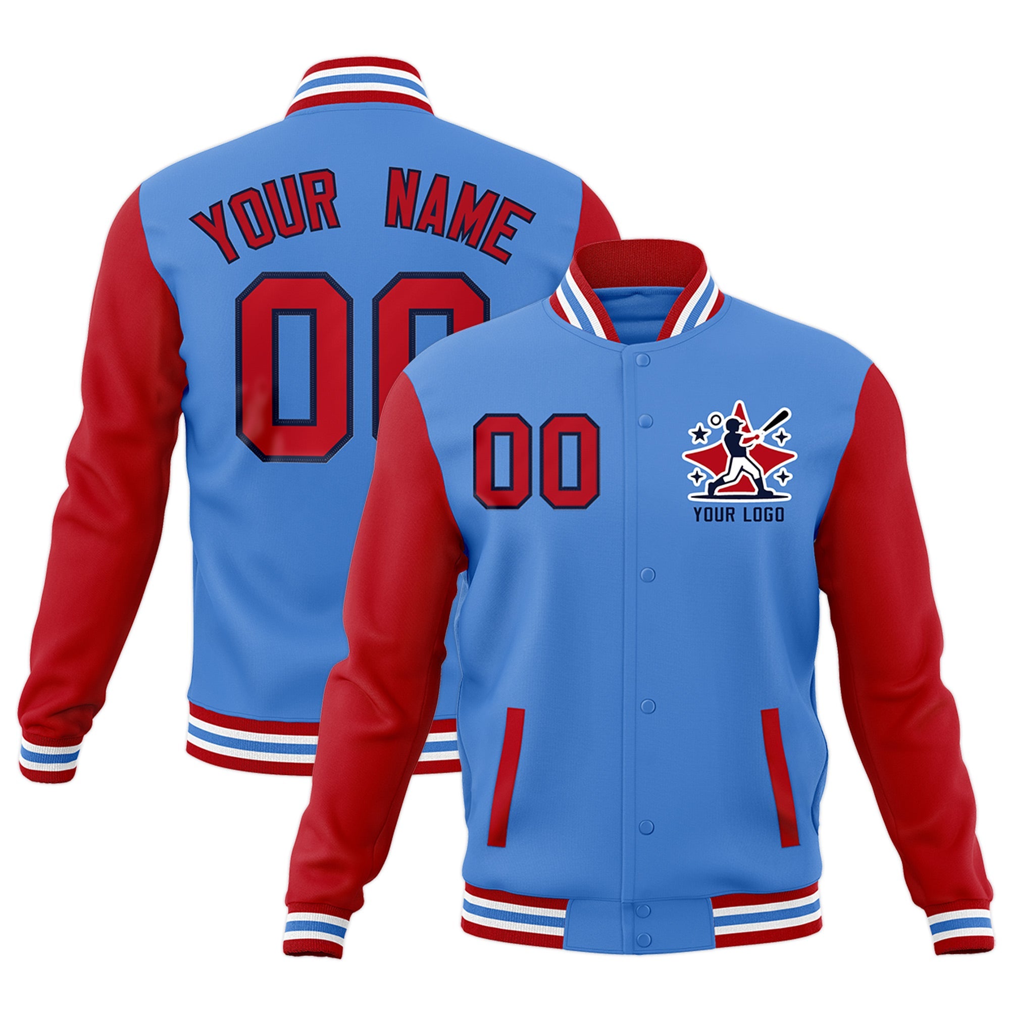 Custom Powder Blue Red White Raglan Sleeves Full-Snap Letterman Jacket| KXKSHOP