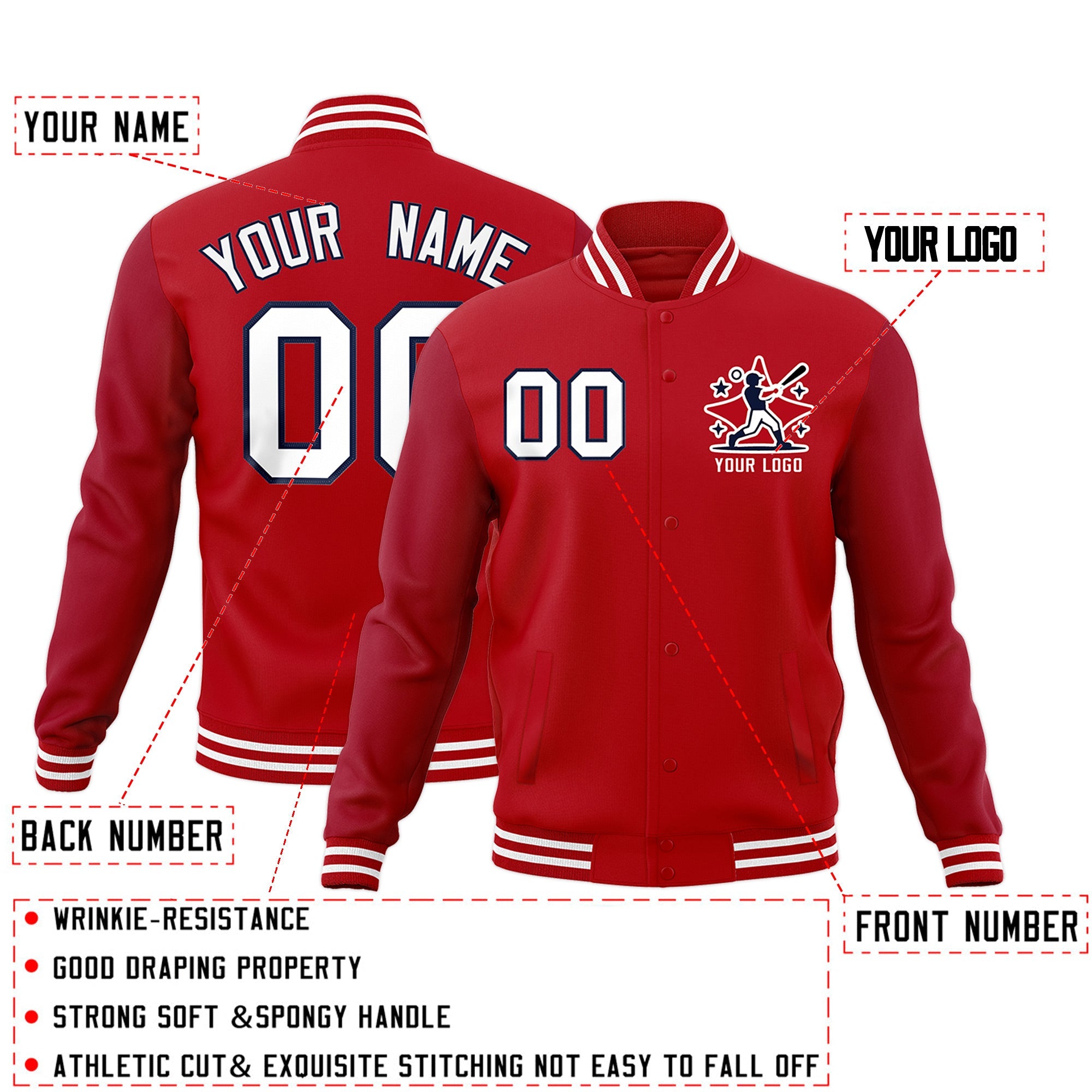 Custom Red White Navy Raglan Sleeves Full-Snap Letterman Jacket| KXKSHOP