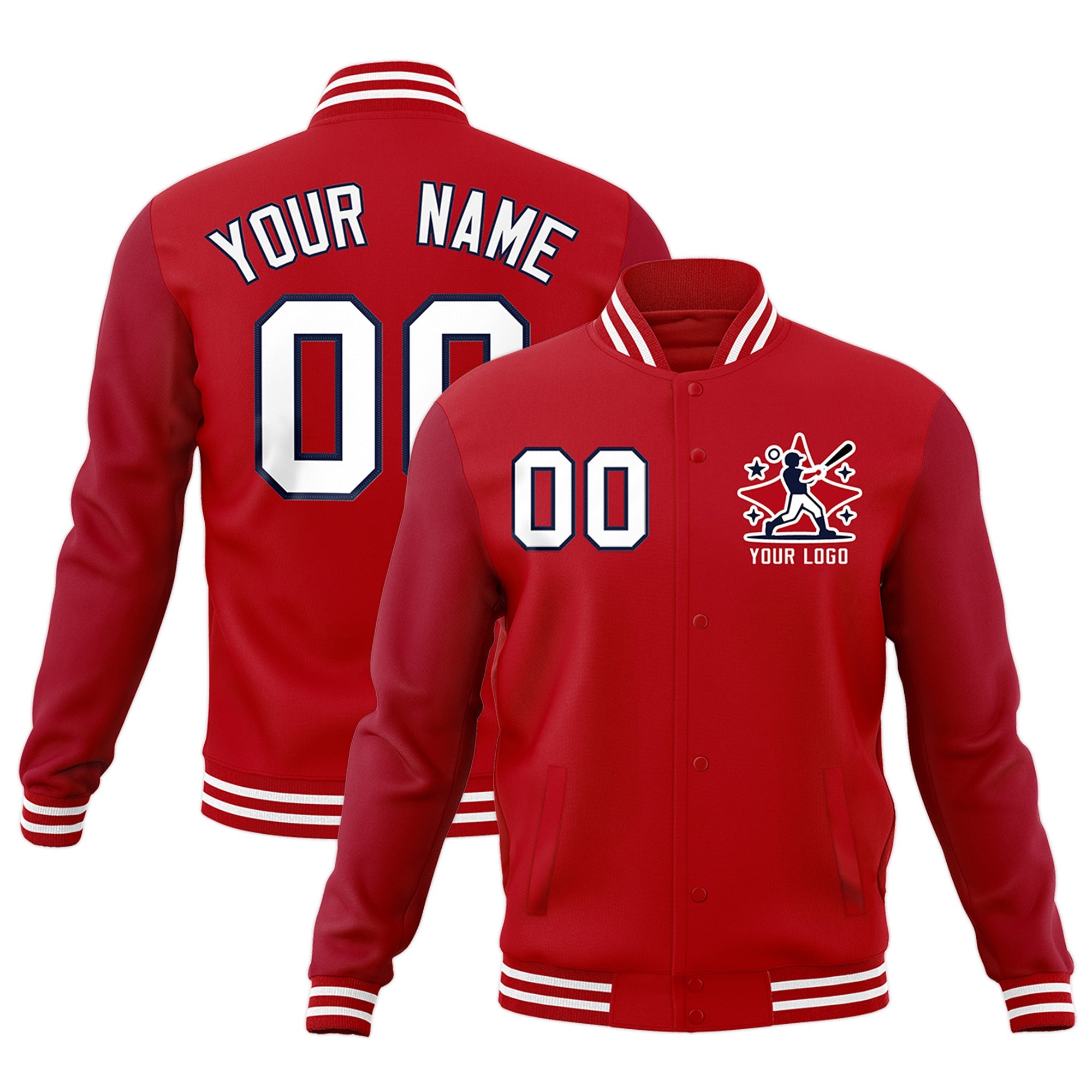 Custom Red White Navy Raglan Sleeves Full-Snap Letterman Jacket| KXKSHOP
