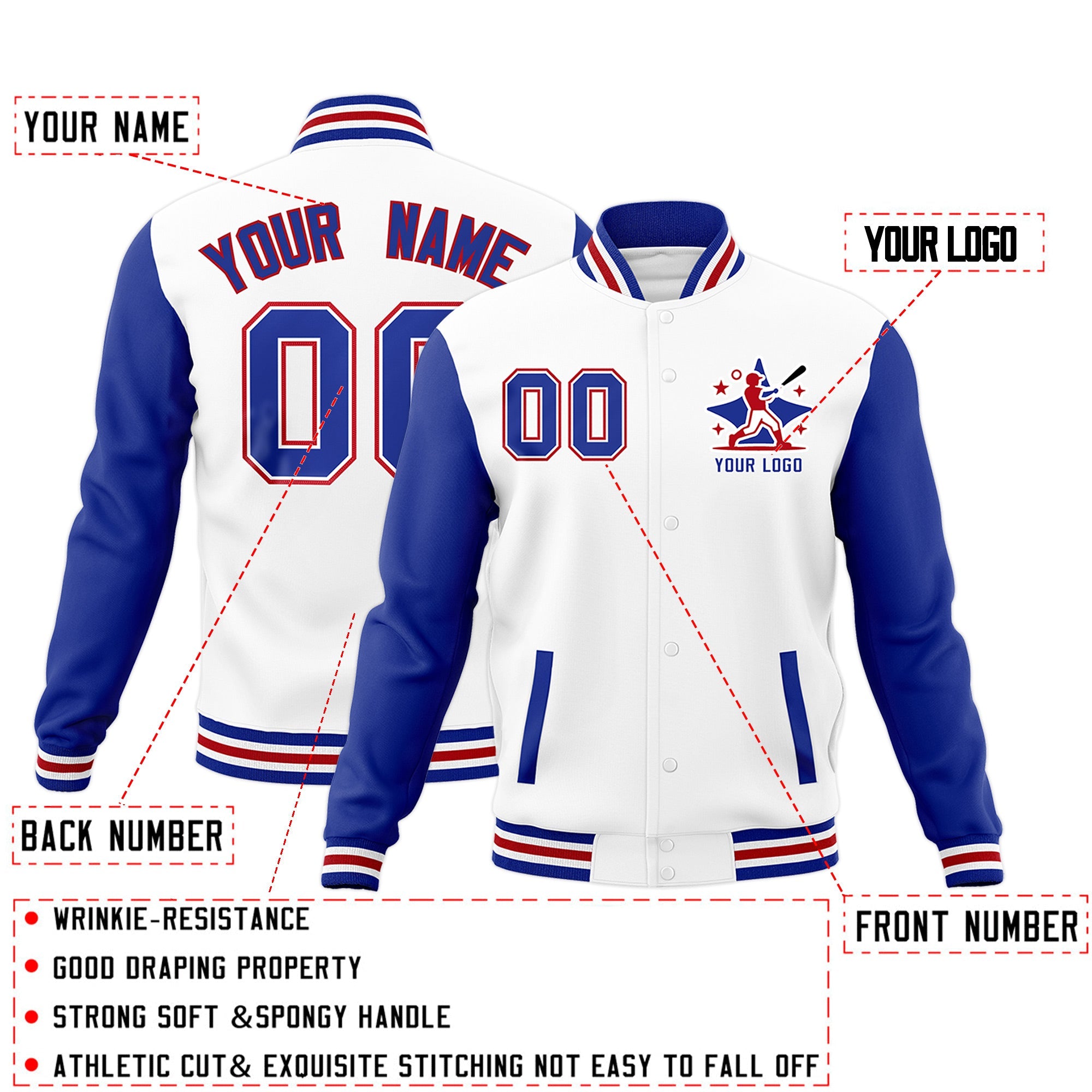 Custom White Red Royal Blue Raglan Sleeves Full-Snap Letterman Jacket| KXKSHOP