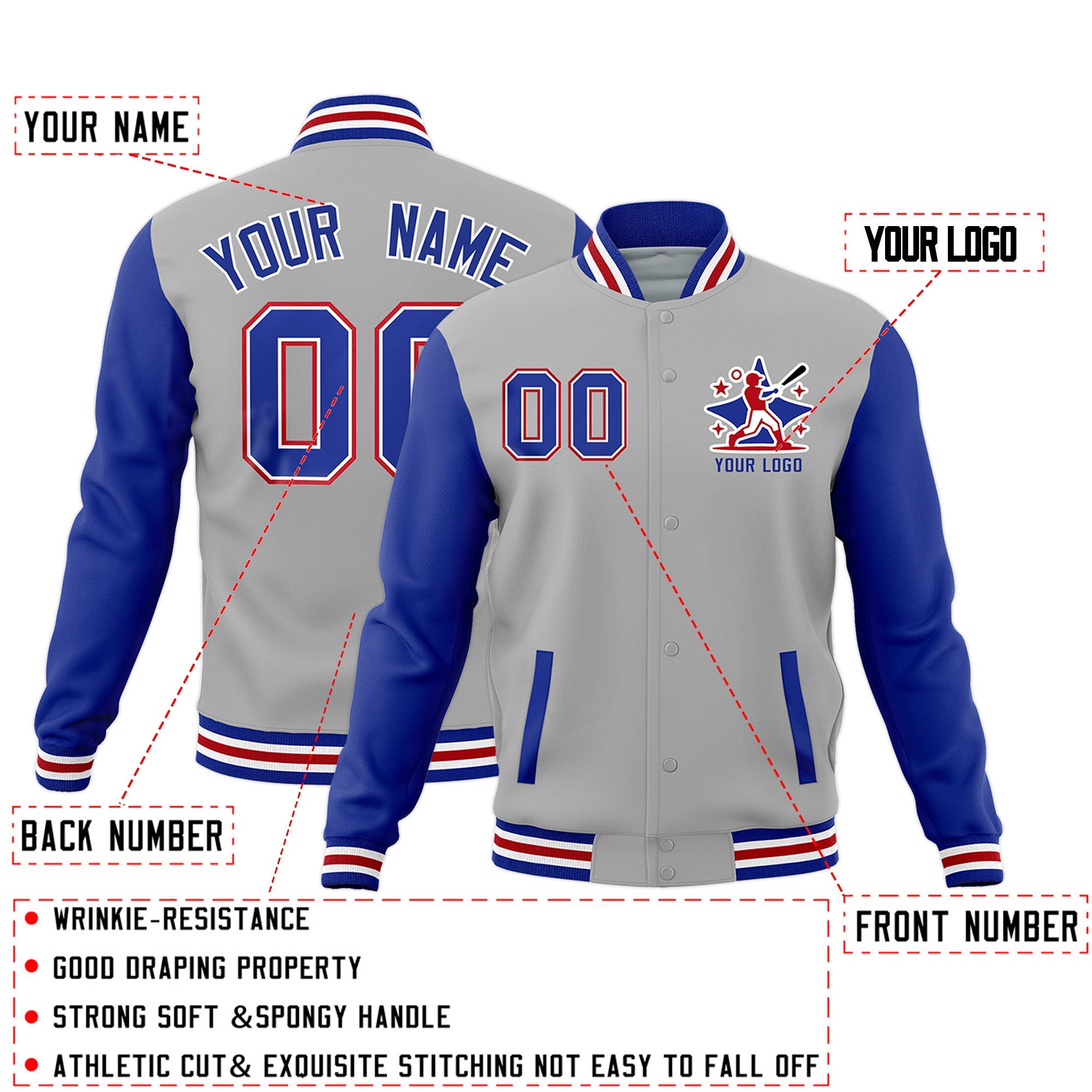 Custom Gray Royal Blue White Raglan Sleeves Full-Snap Letterman Jacket| KXKSHOP