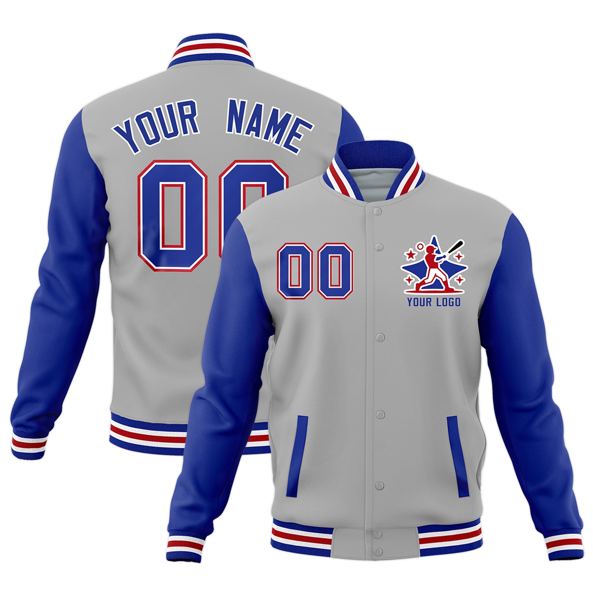 Custom Gray Royal Blue White Raglan Sleeves Full-Snap Letterman Jacket| KXKSHOP