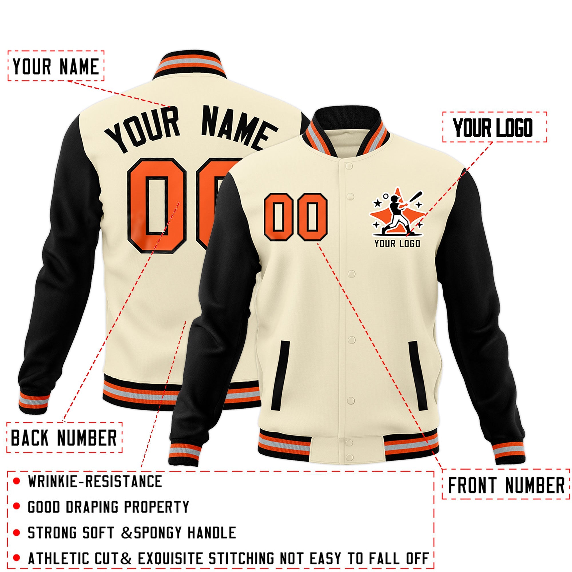 Custom Cream Black Orange Raglan Sleeves Full-Snap Letterman Jacket| KXKSHOP