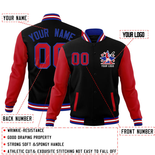 Custom Black Red Royal Blue Raglan Sleeves Full-Snap Letterman Jacket| KXKSHOP
