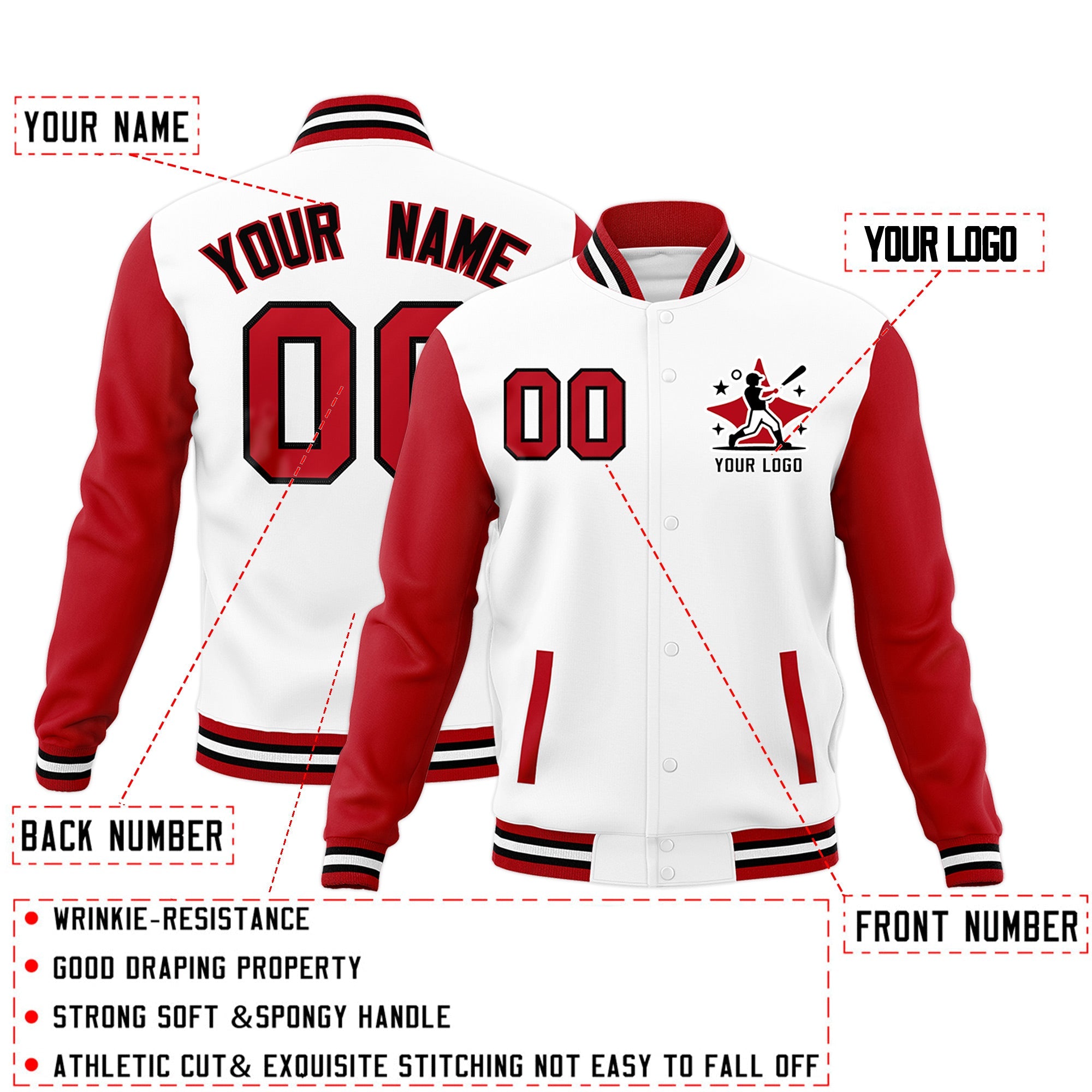 Custom White Black Red Raglan Sleeves Full-Snap Letterman Jacket| KXKSHOP