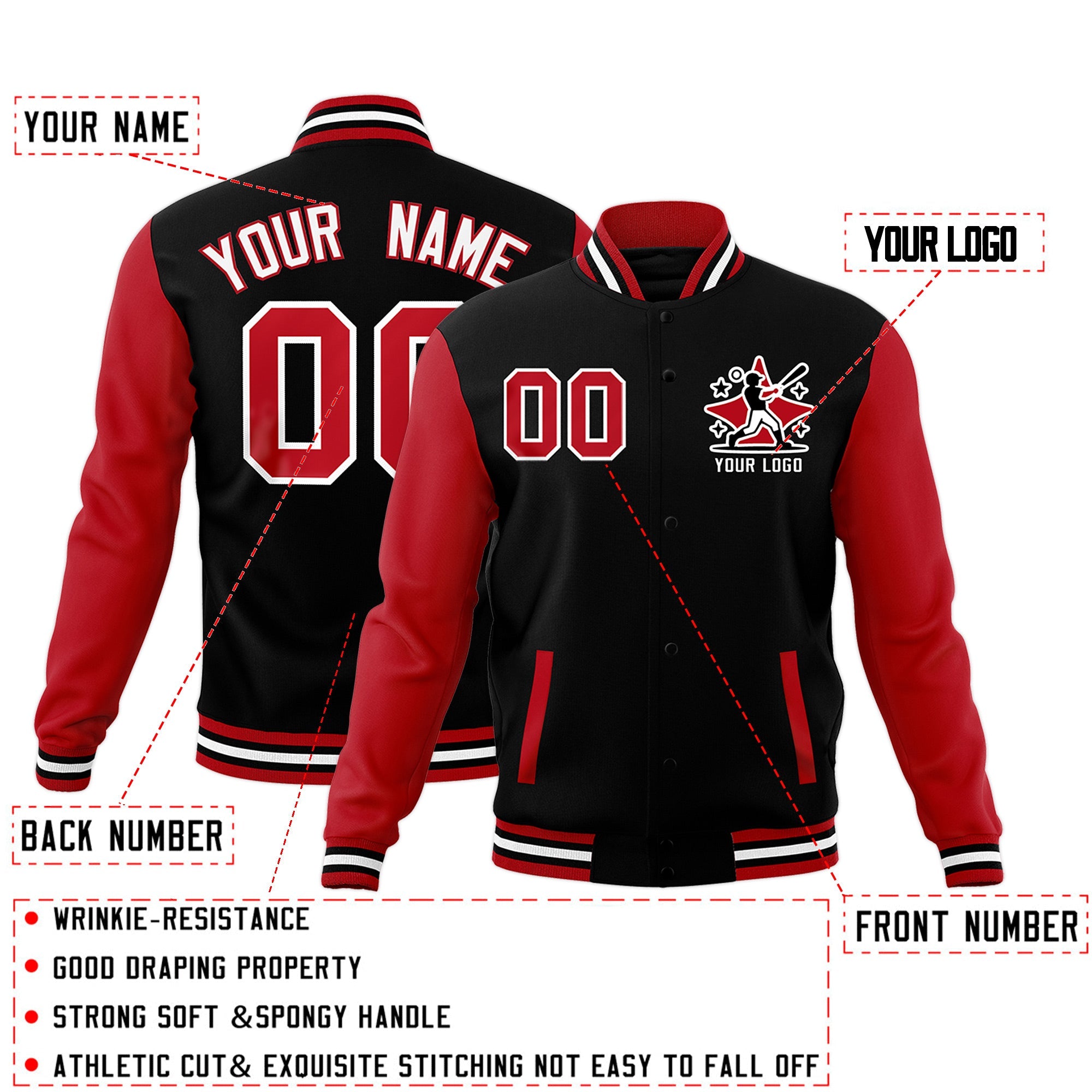 Custom Black White Red Raglan Sleeves Full-Snap Letterman Jacket| KXKSHOP