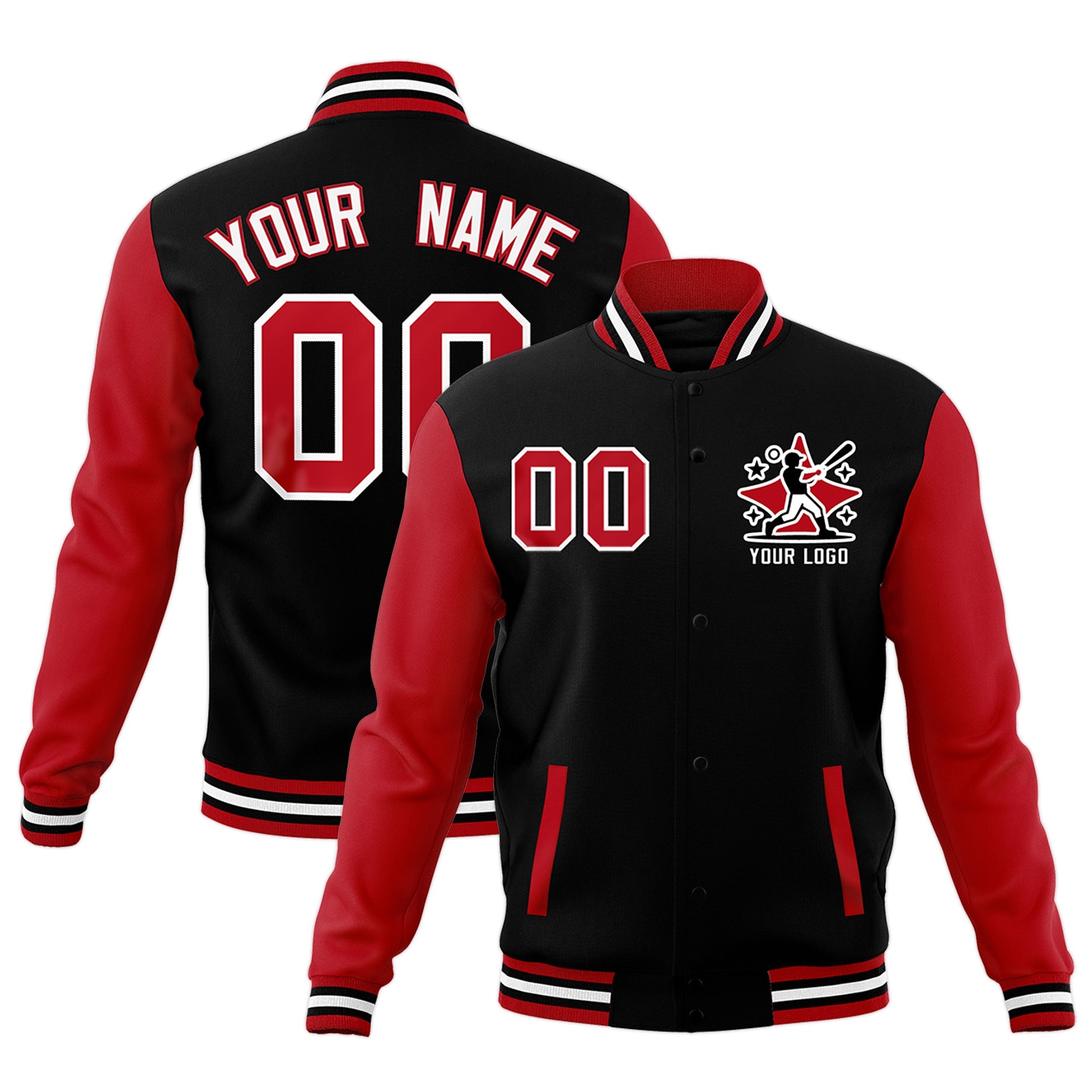 Custom Black White Red Raglan Sleeves Full-Snap Letterman Jacket| KXKSHOP