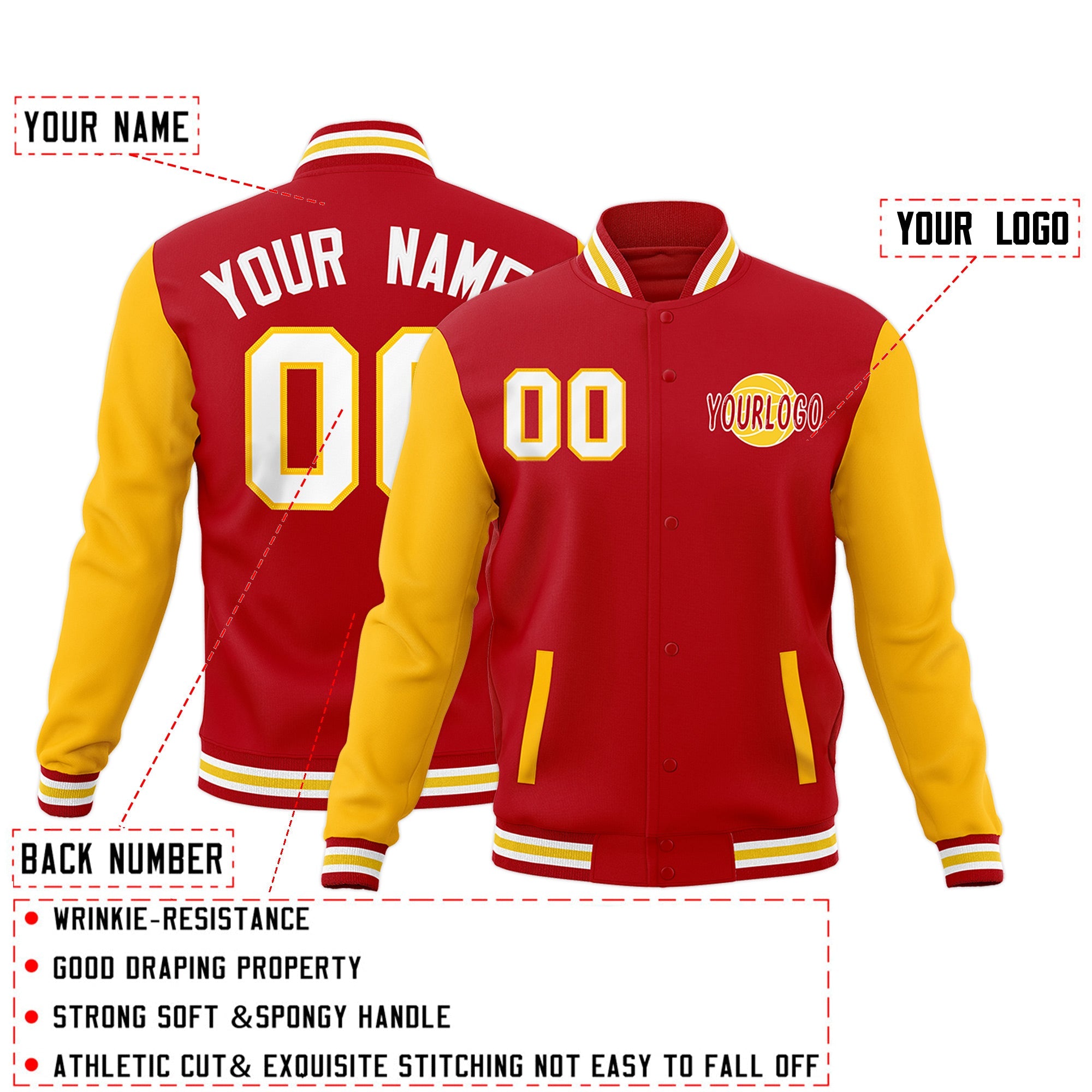Custom Red White Gold Raglan Sleeves Classic Style Full-Snap Jacket| KXKSHOP