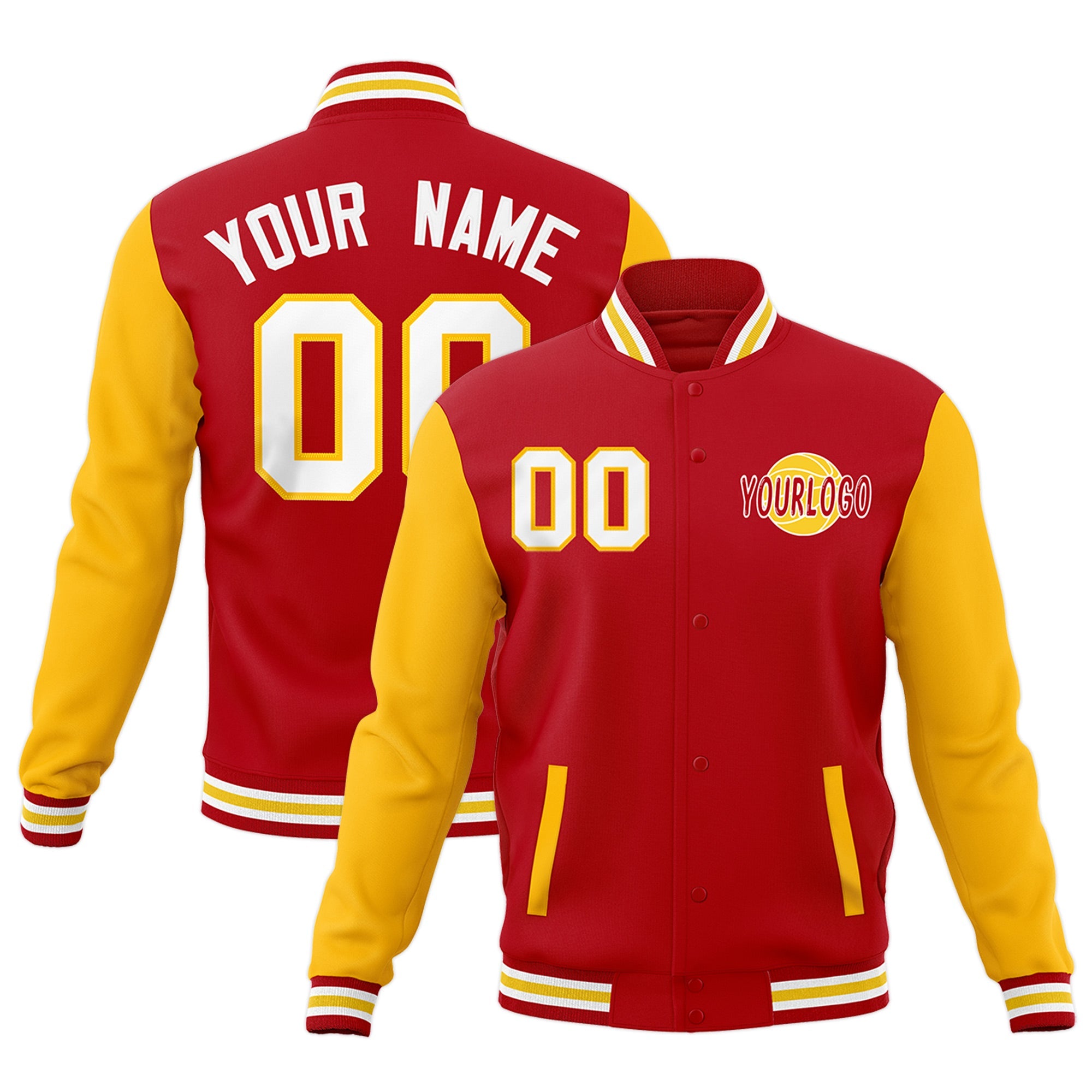 Custom Red White Gold Raglan Sleeves Classic Style Full-Snap Jacket| KXKSHOP