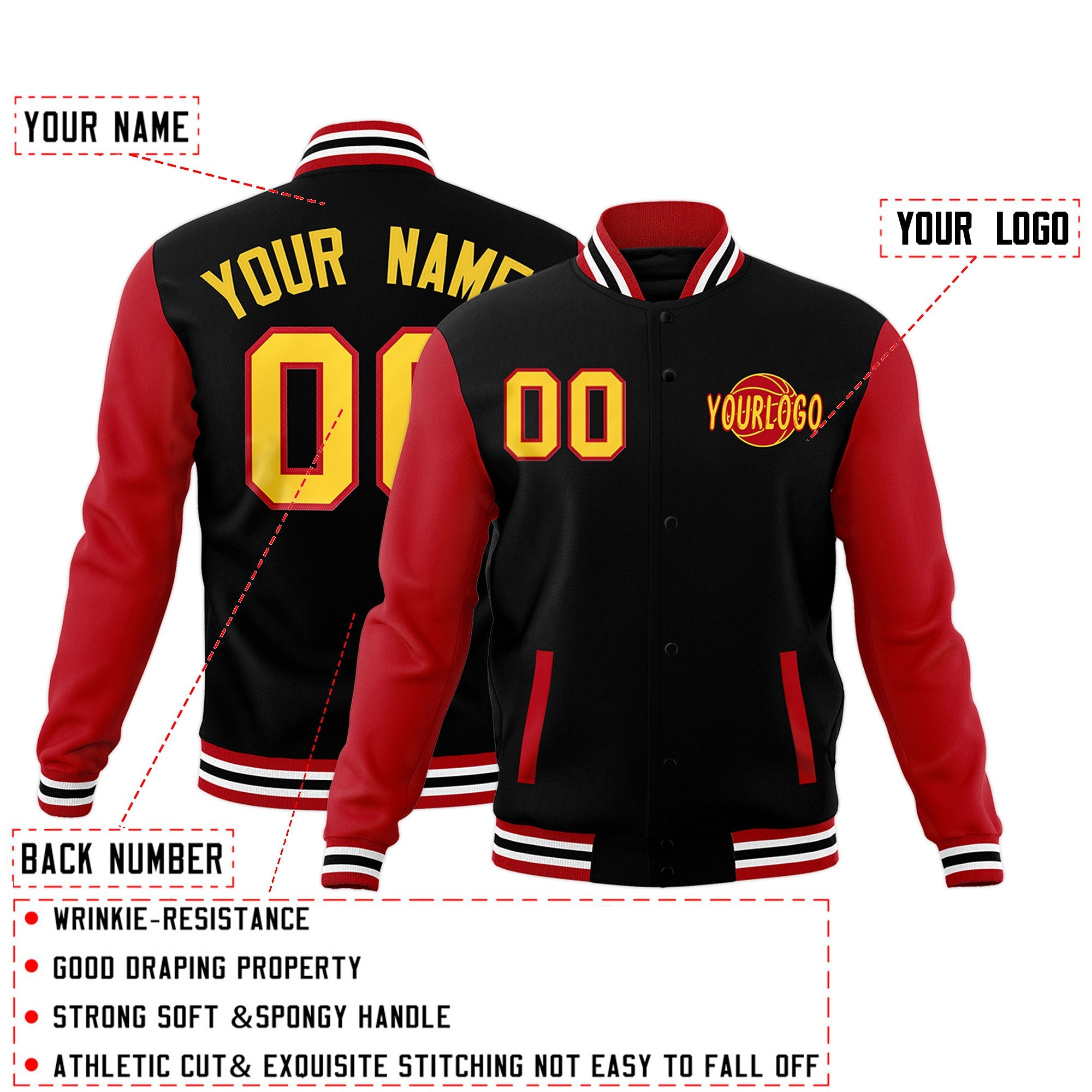 Custom Black Red White Raglan Sleeves Classic Style Full-Snap Jacket| KXKSHOP