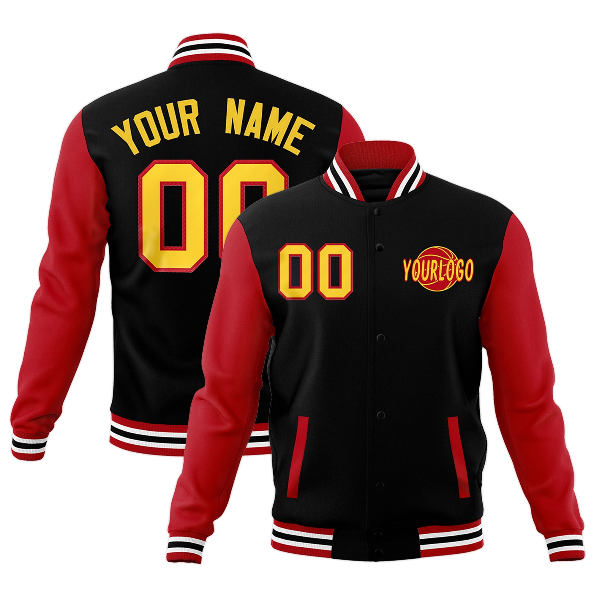 Custom Black Red White Raglan Sleeves Classic Style Full-Snap Jacket| KXKSHOP