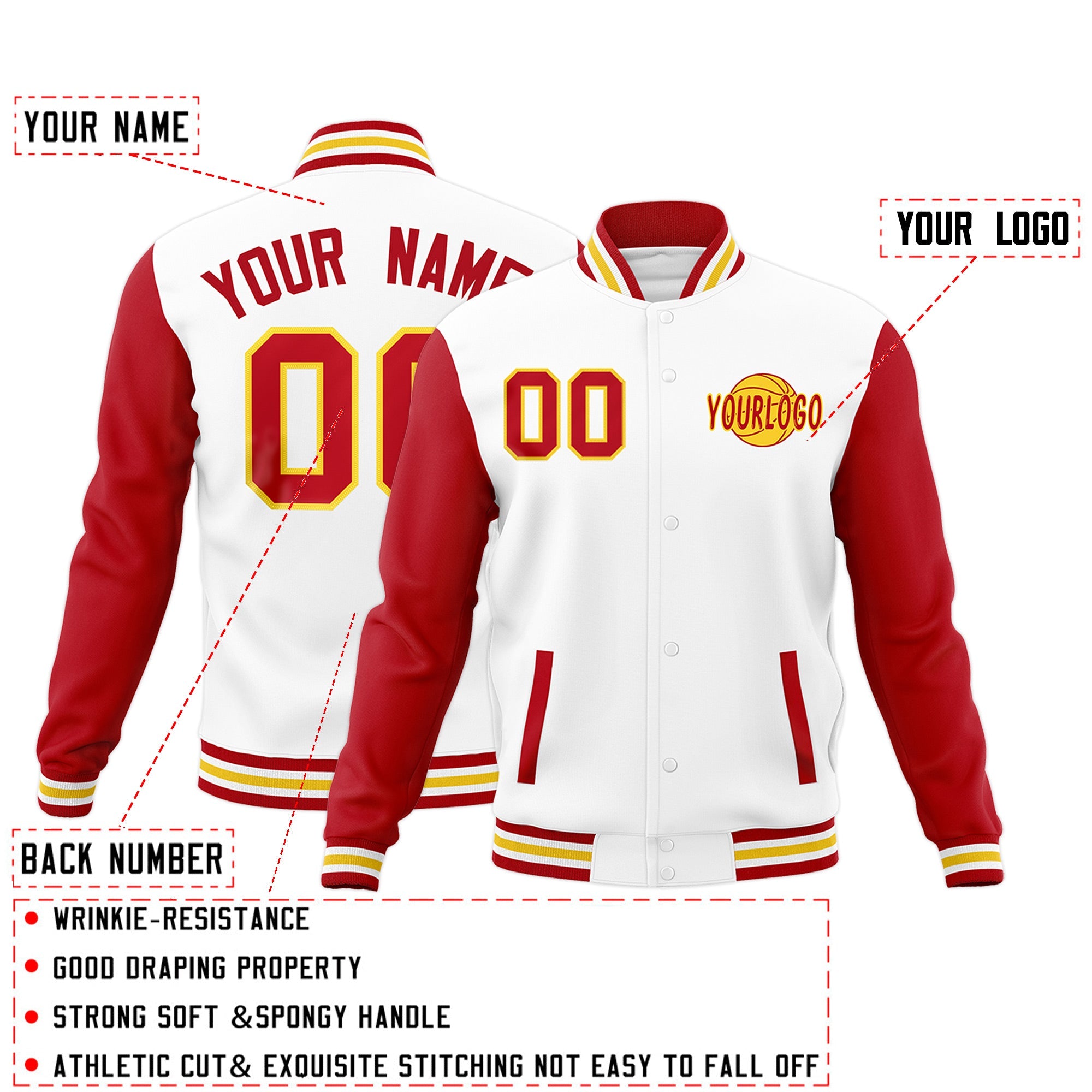 Custom White Red Gold Raglan Sleeves Classic Style Full-Snap Jacket| KXKSHOP