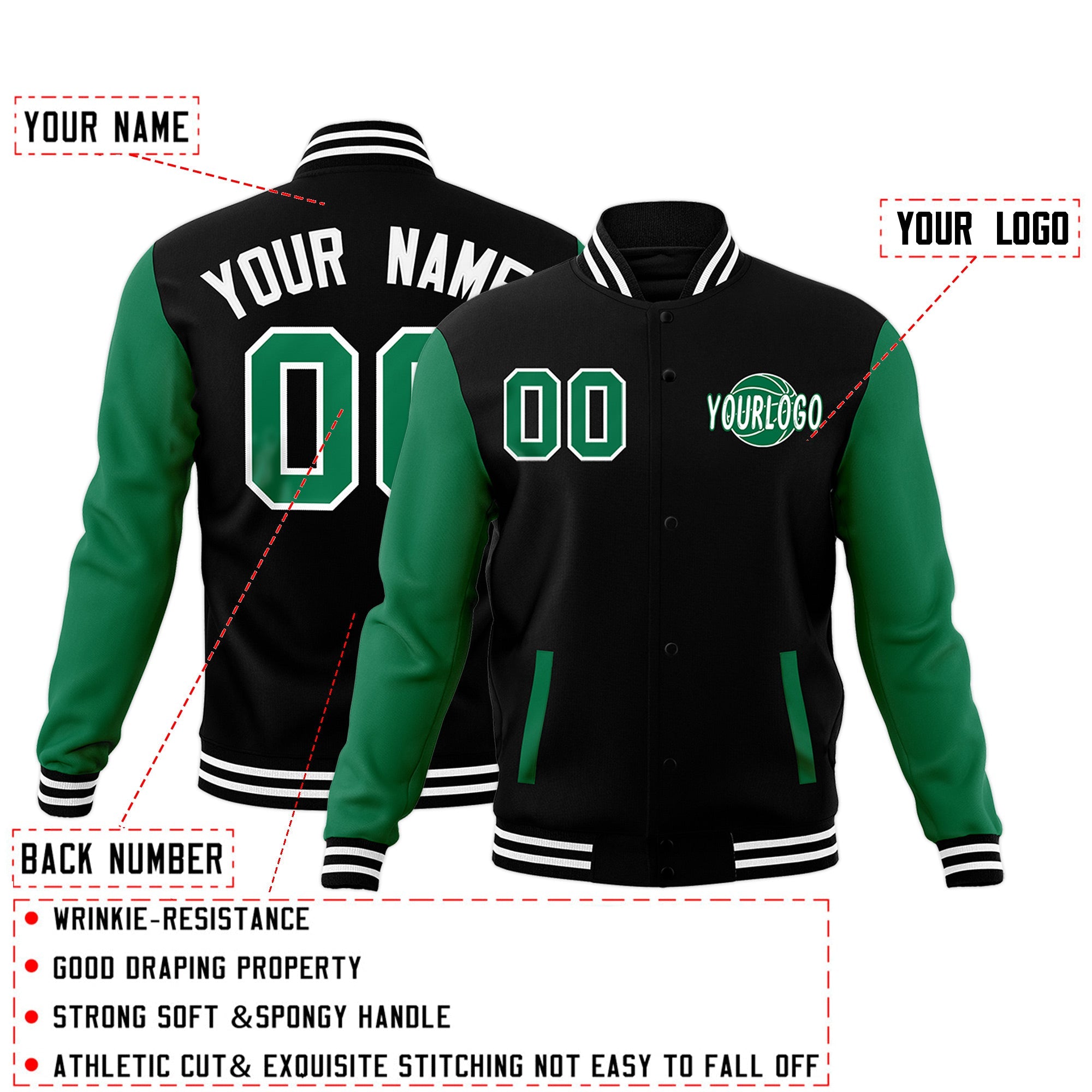 Custom Black Kelly Green White Raglan Sleeves Classic Style Full-Snap Jacket| KXKSHOP