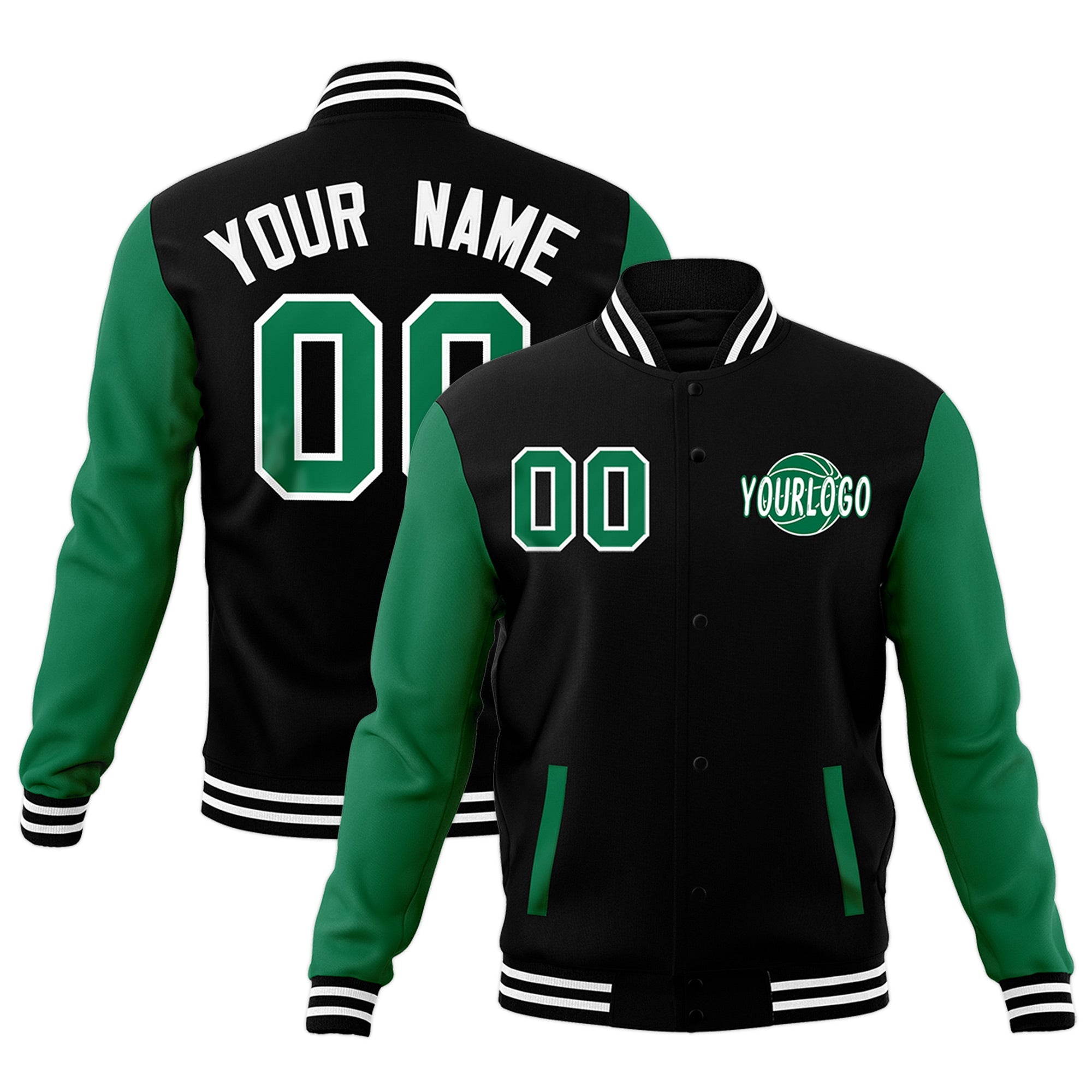 Custom Black Kelly Green White Raglan Sleeves Classic Style Full-Snap Jacket| KXKSHOP