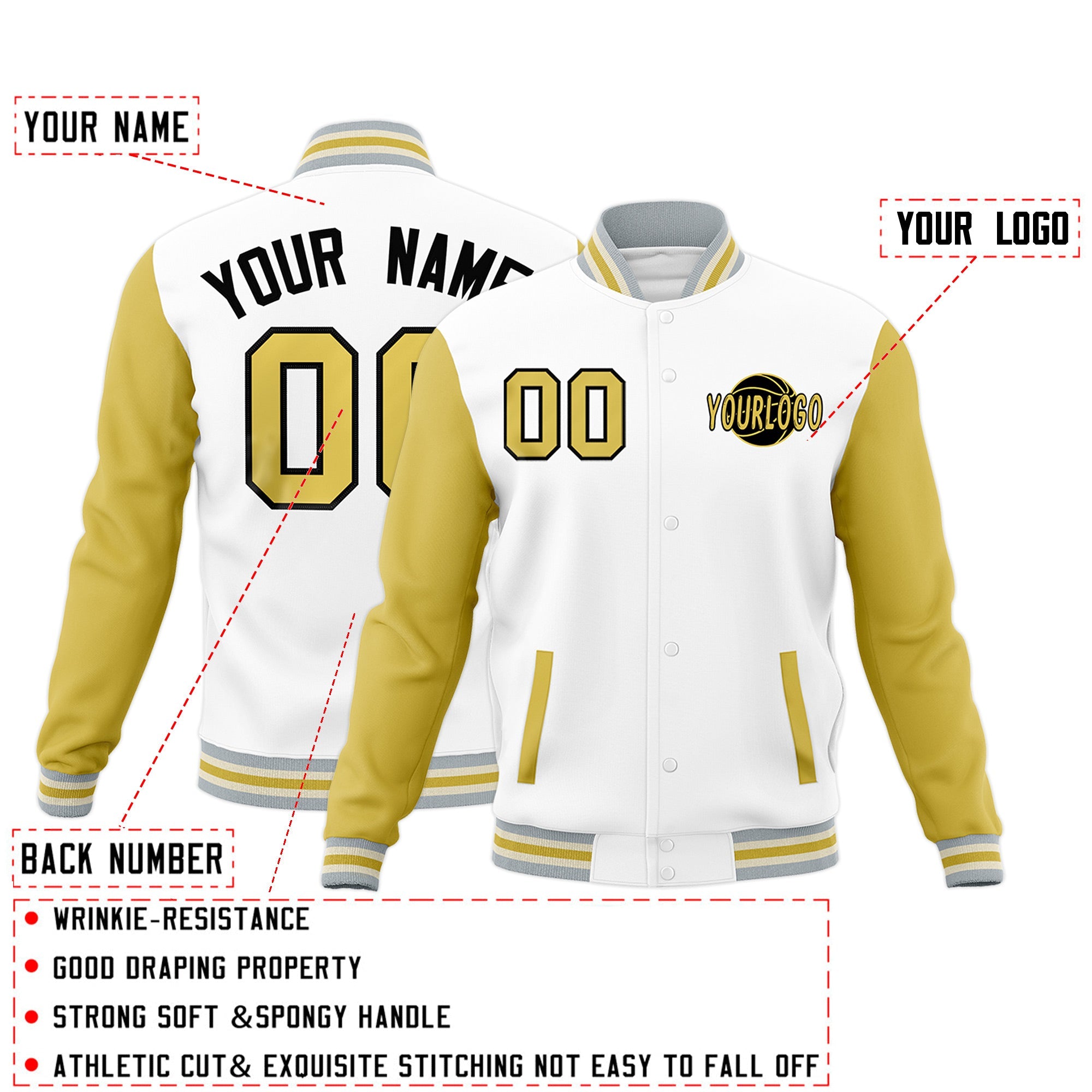 Custom White Old Gold Gray Raglan Sleeves Classic Style Full-Snap Jacket| KXKSHOP