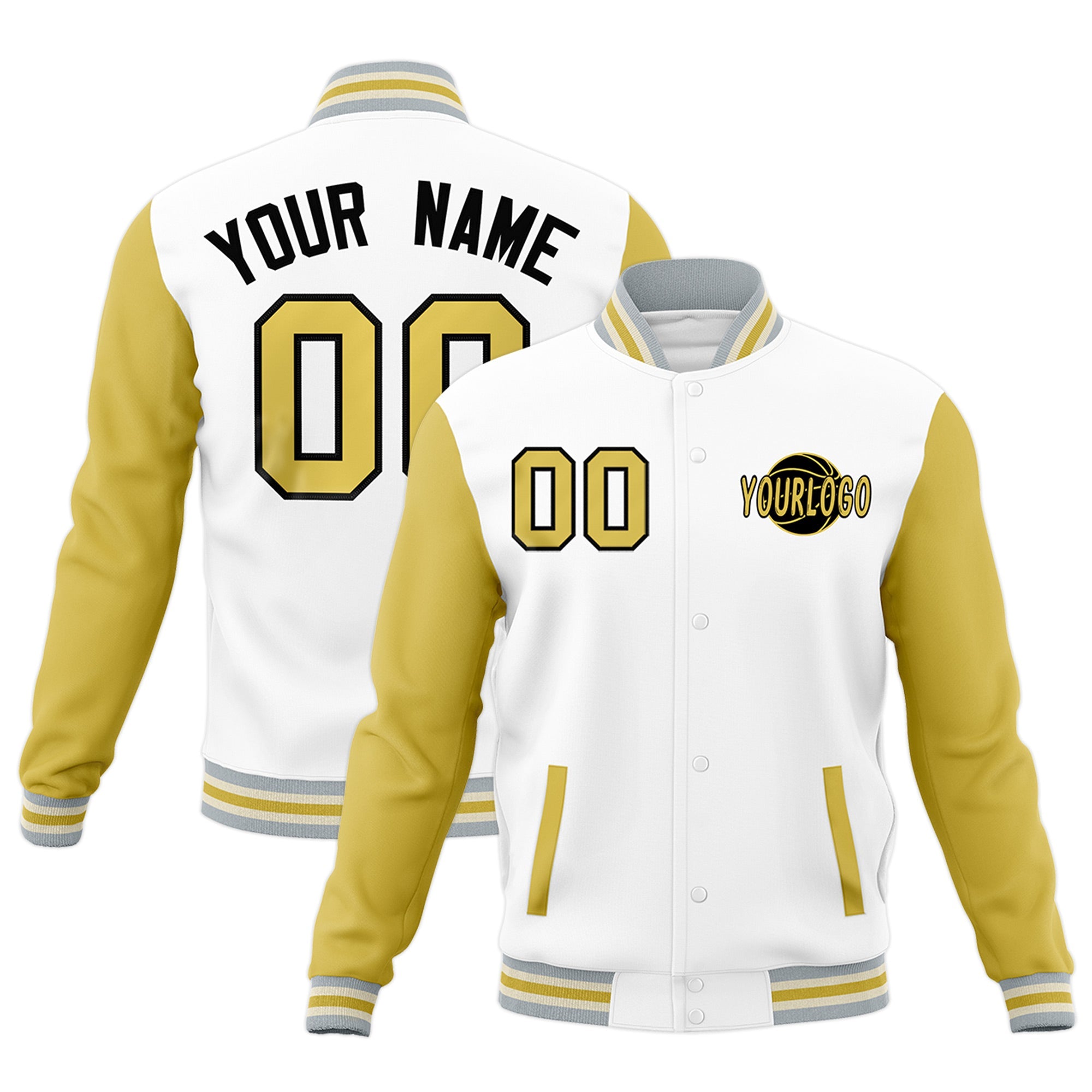 Custom White Old Gold Gray Raglan Sleeves Classic Style Full-Snap Jacket| KXKSHOP