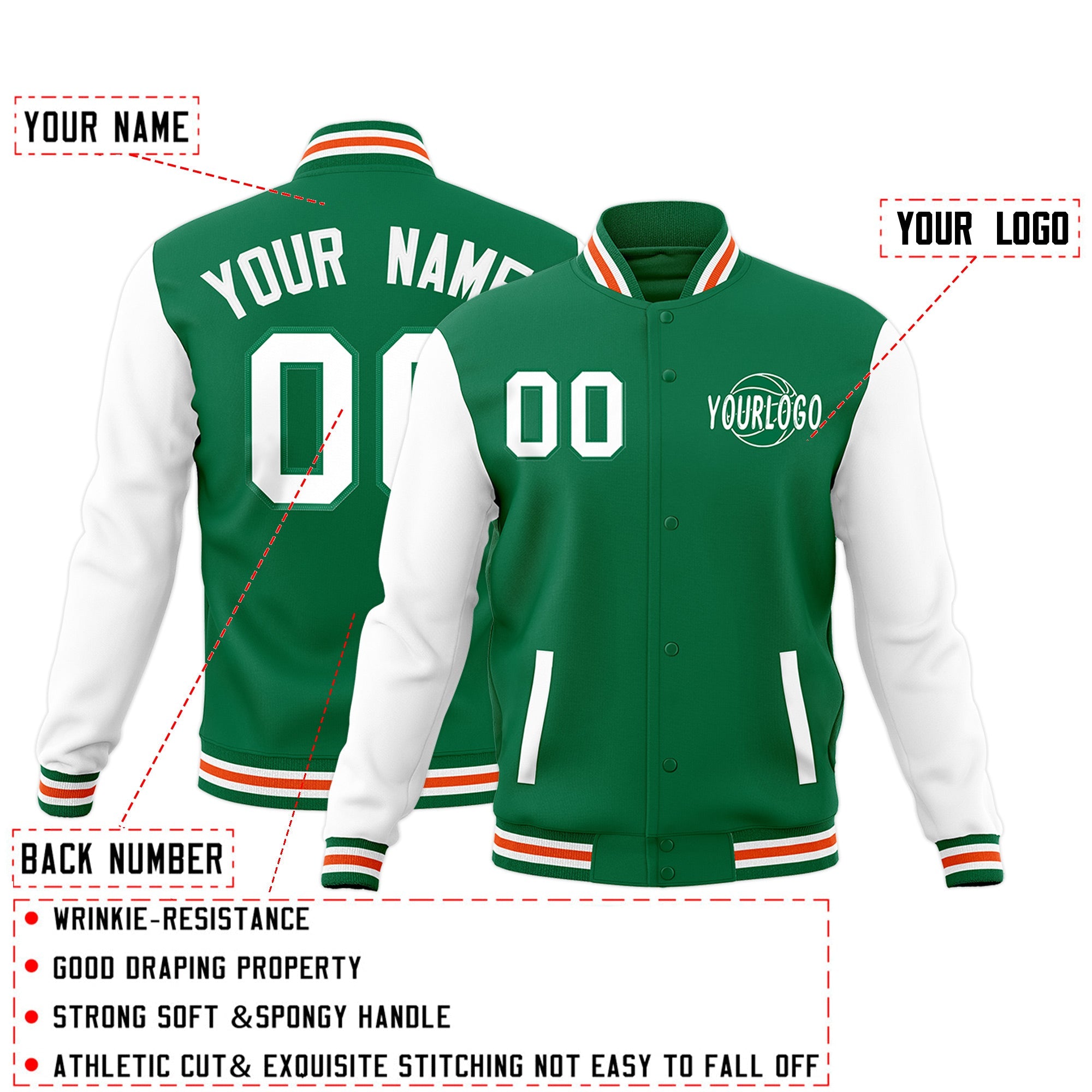 Custom Kelly Green White Orange Raglan Sleeves Classic Style Full-Snap Jacket| KXKSHOP