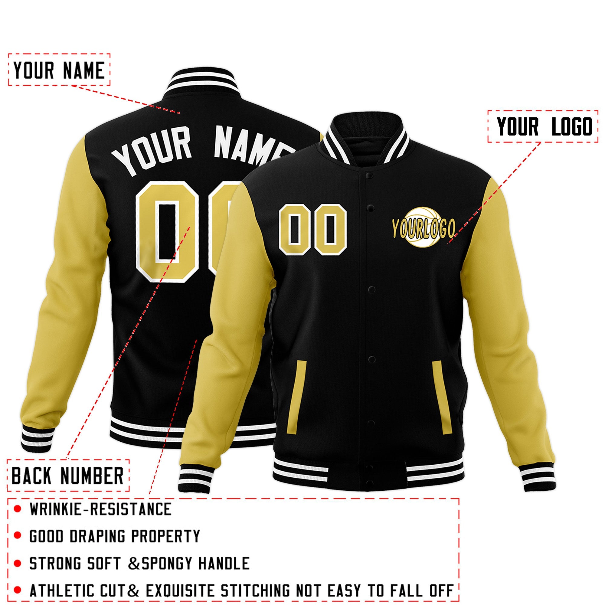Custom Black Old Gold White Raglan Sleeves Classic Style Full-Snap Jacket| KXKSHOP