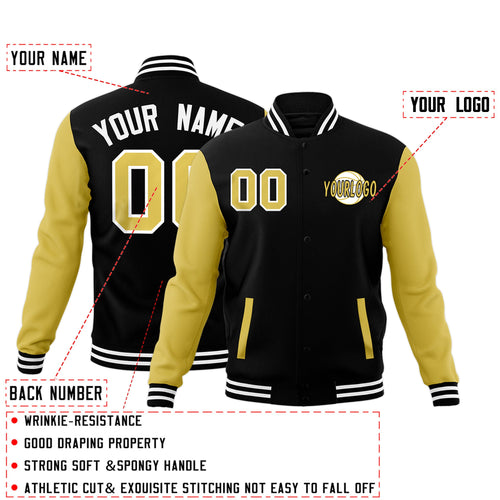 Custom Black Old Gold White Raglan Sleeves Classic Style Full-Snap Jacket| KXKSHOP