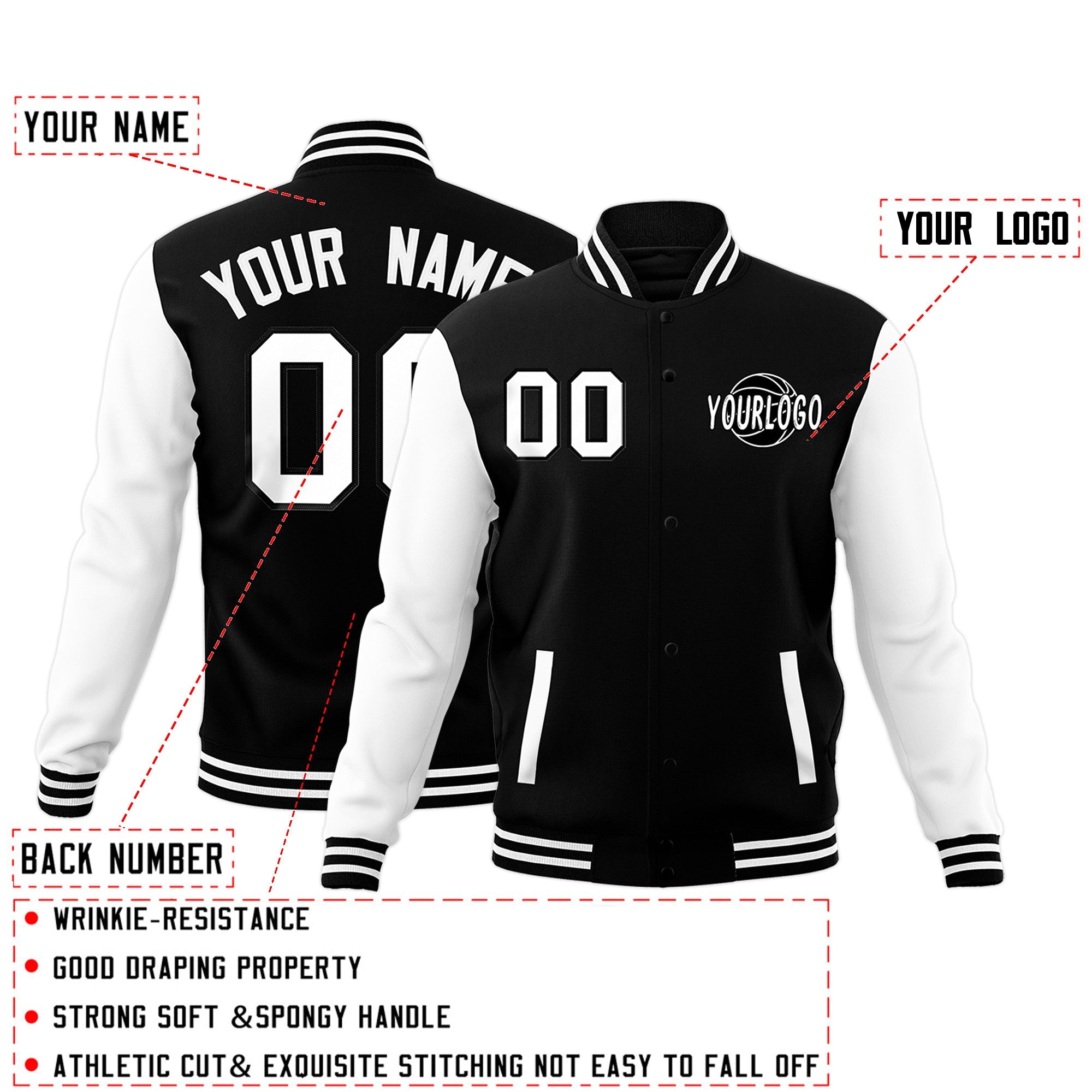 Custom Black White Raglan Sleeves Classic Style Full-Snap Jacket| KXKSHOP