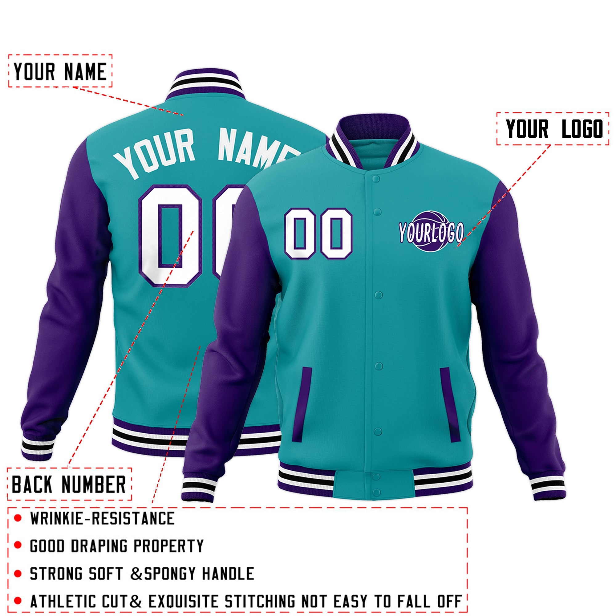 Custom Aqua Purple White Raglan Sleeves Classic Style Full-Snap Jacket| KXKSHOP