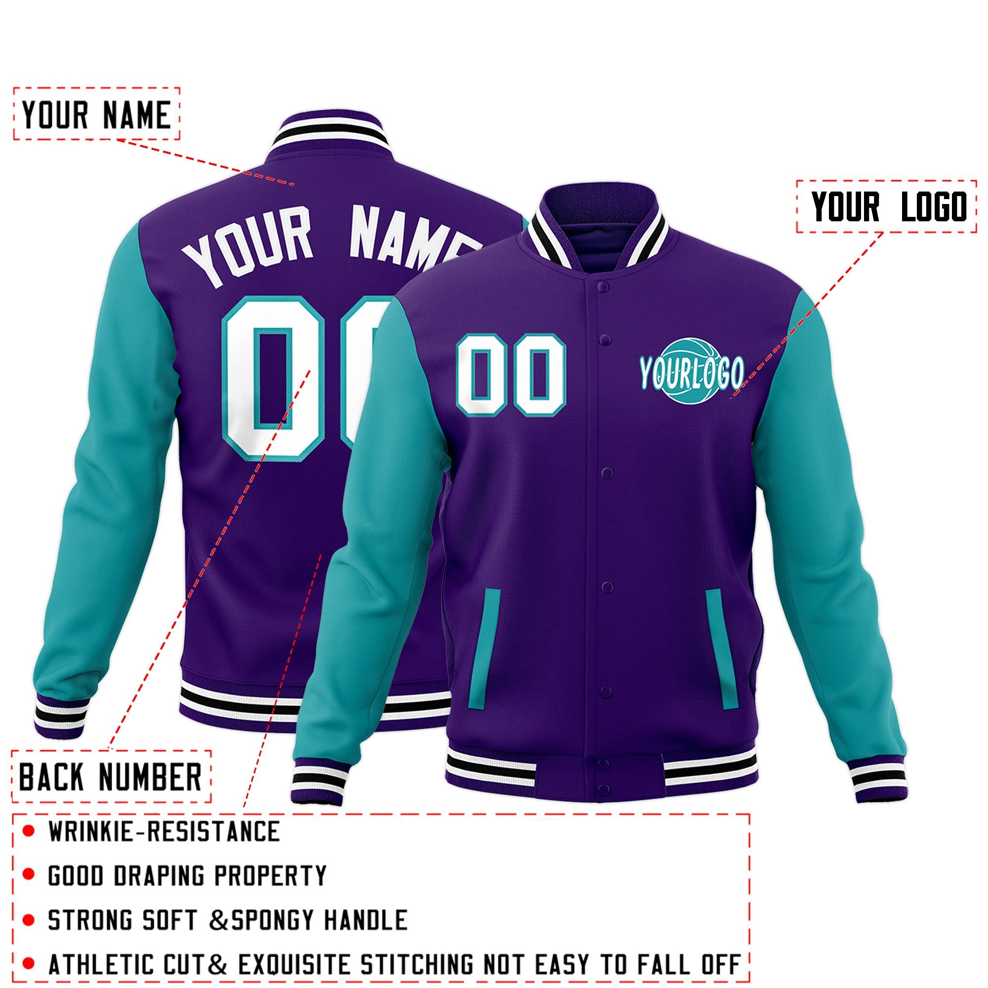Custom Purple Aqua White Raglan Sleeves Classic Style Full-Snap Jacket| KXKSHOP