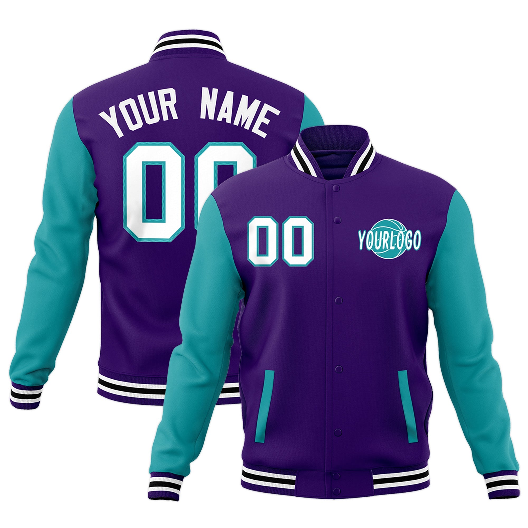 Custom Purple Aqua White Raglan Sleeves Classic Style Full-Snap Jacket| KXKSHOP