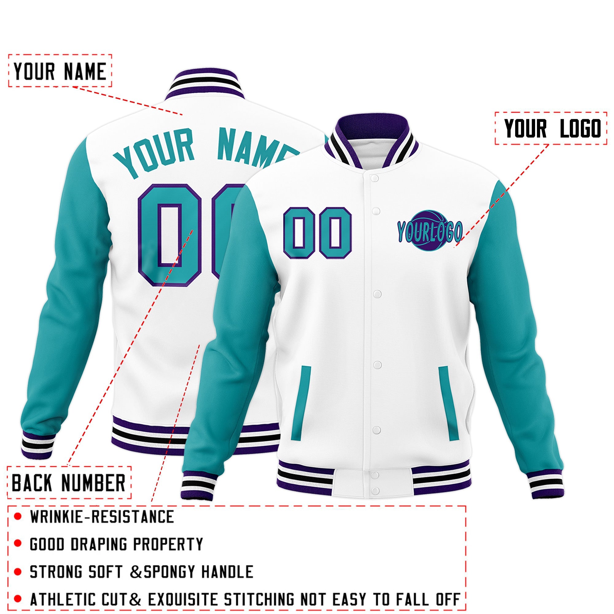 Custom White Aqua Purple Raglan Sleeves Classic Style Full-Snap Jacket| KXKSHOP