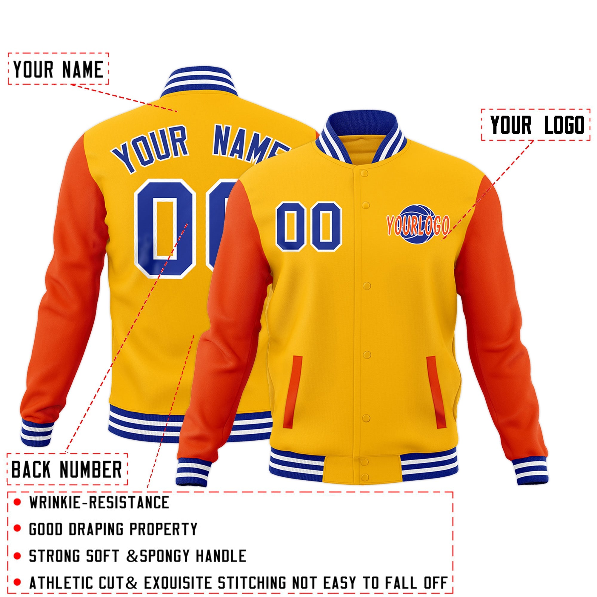 Custom Orange Royal Blue White Raglan Sleeves Classic Style Full-Snap Jacket| KXKSHOP