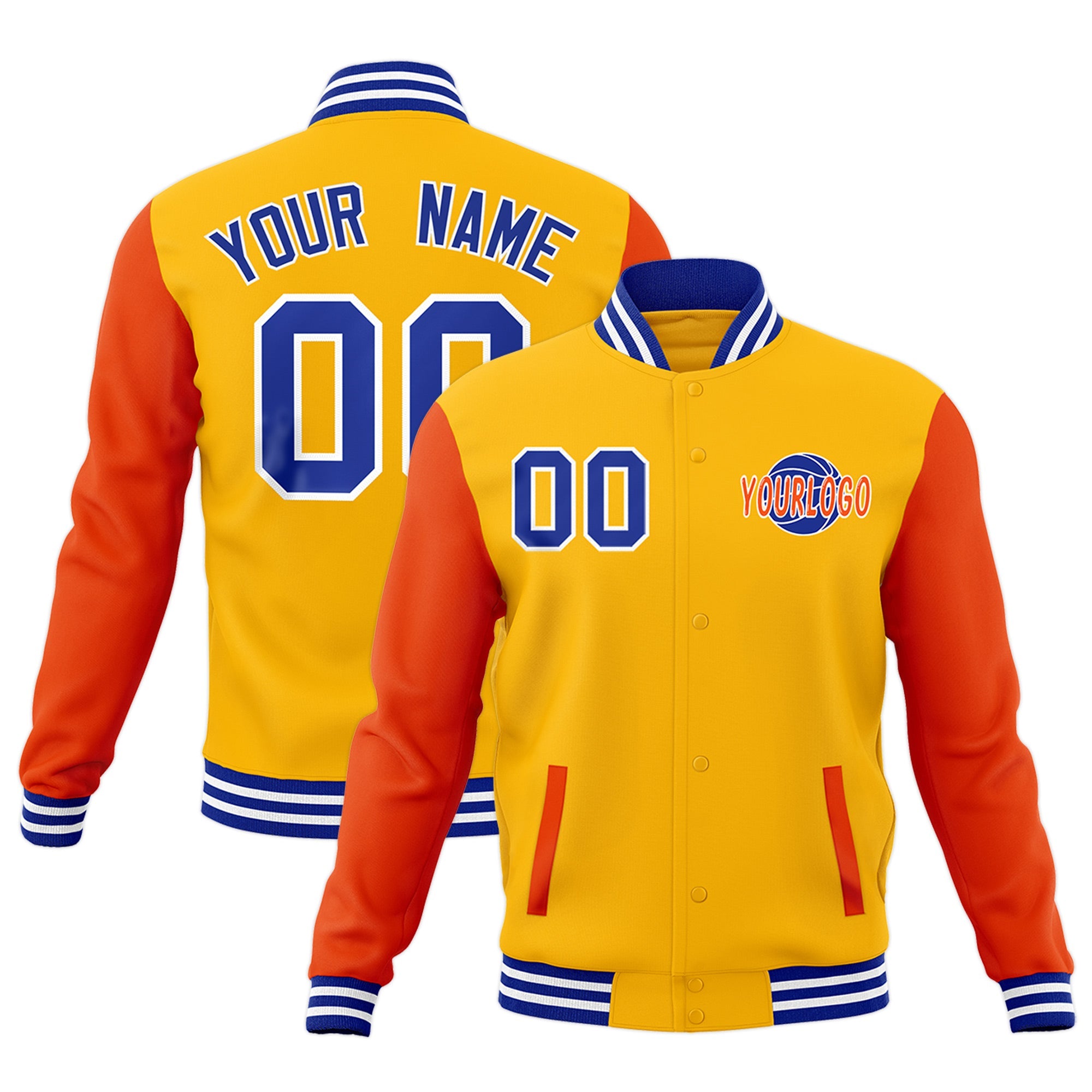 Custom Orange Royal Blue White Raglan Sleeves Classic Style Full-Snap Jacket| KXKSHOP