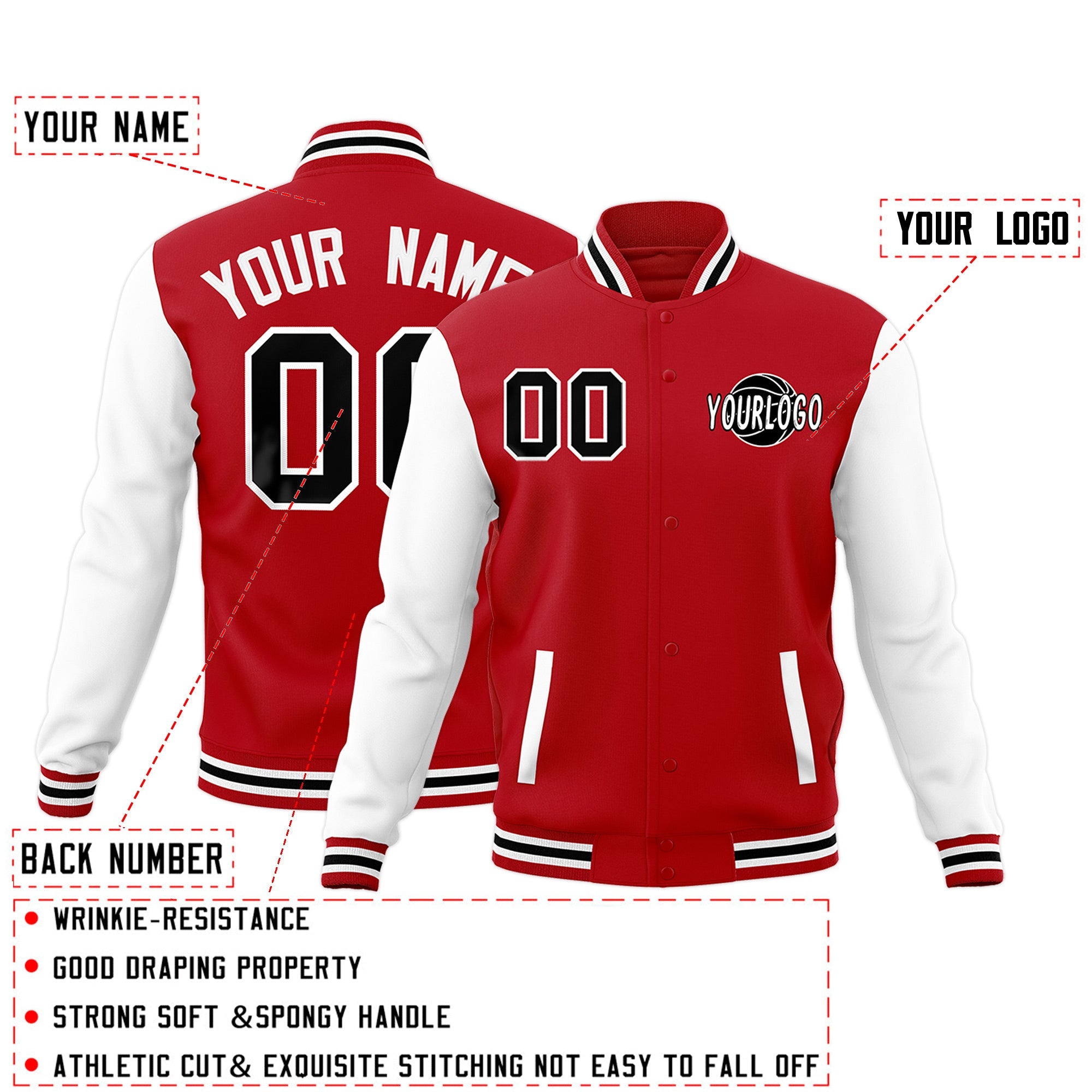 Custom Red White Black Raglan Sleeves Classic Style Full-Snap Jacket| KXKSHOP