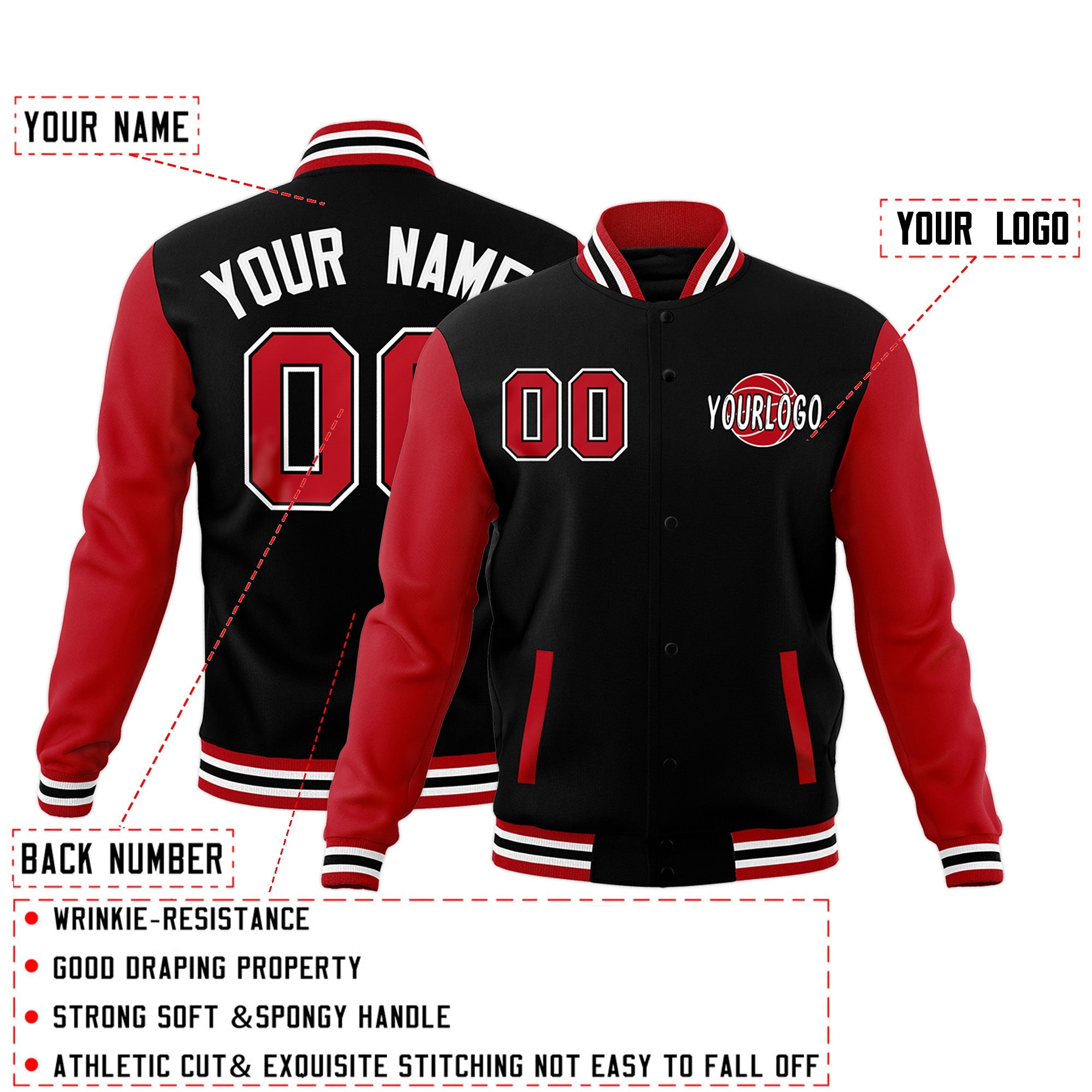 Custom Red Black Raglan Sleeves Classic Style Full-Snap Jacket| KXKSHOP