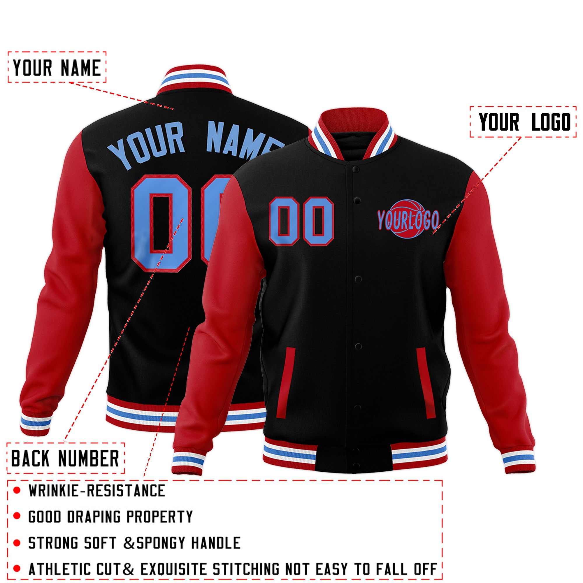 Custom Red Black Powder Blue Raglan Sleeves Classic Style Full-Snap Jacket| KXKSHOP