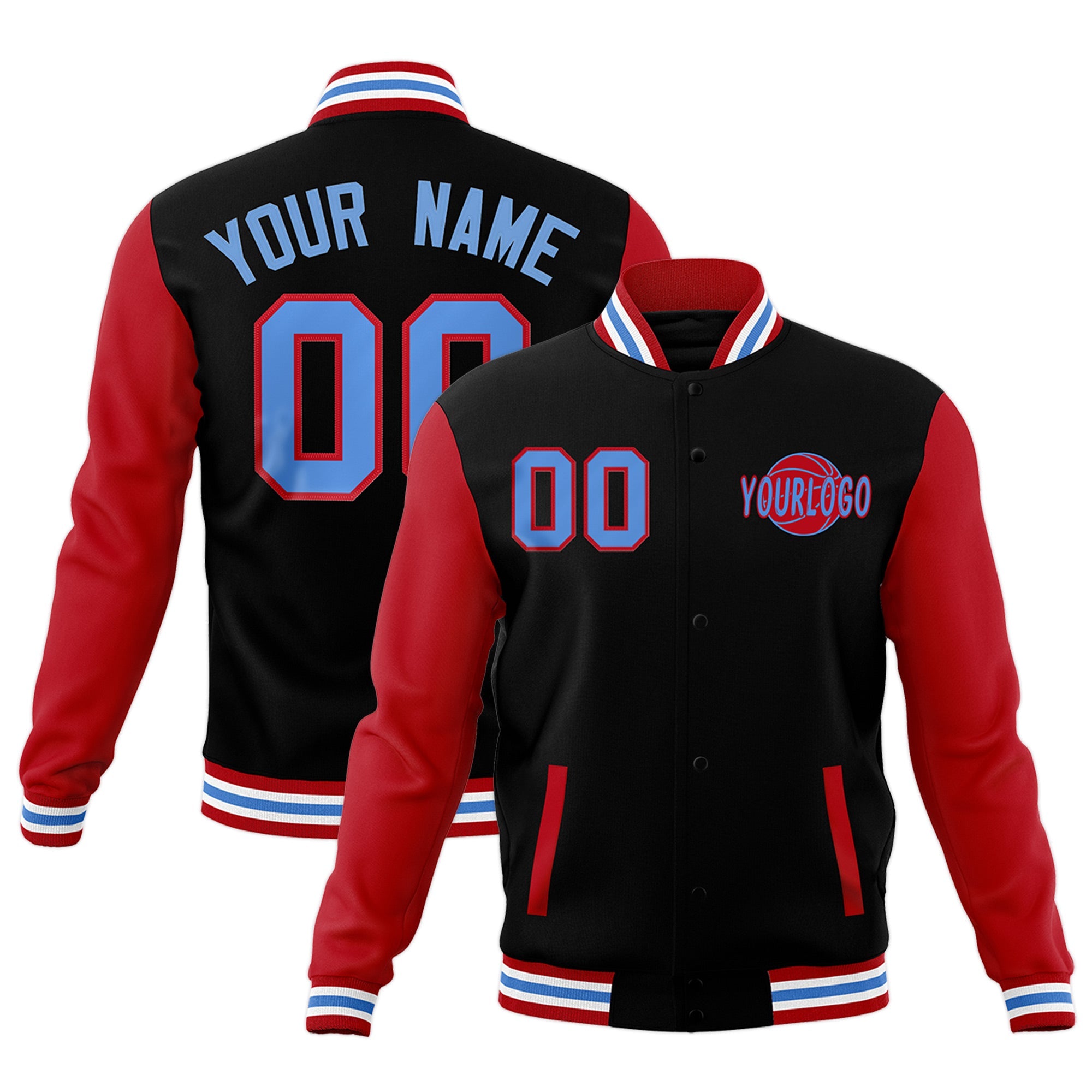 Custom Red Black Powder Blue Raglan Sleeves Classic Style Full-Snap Jacket| KXKSHOP