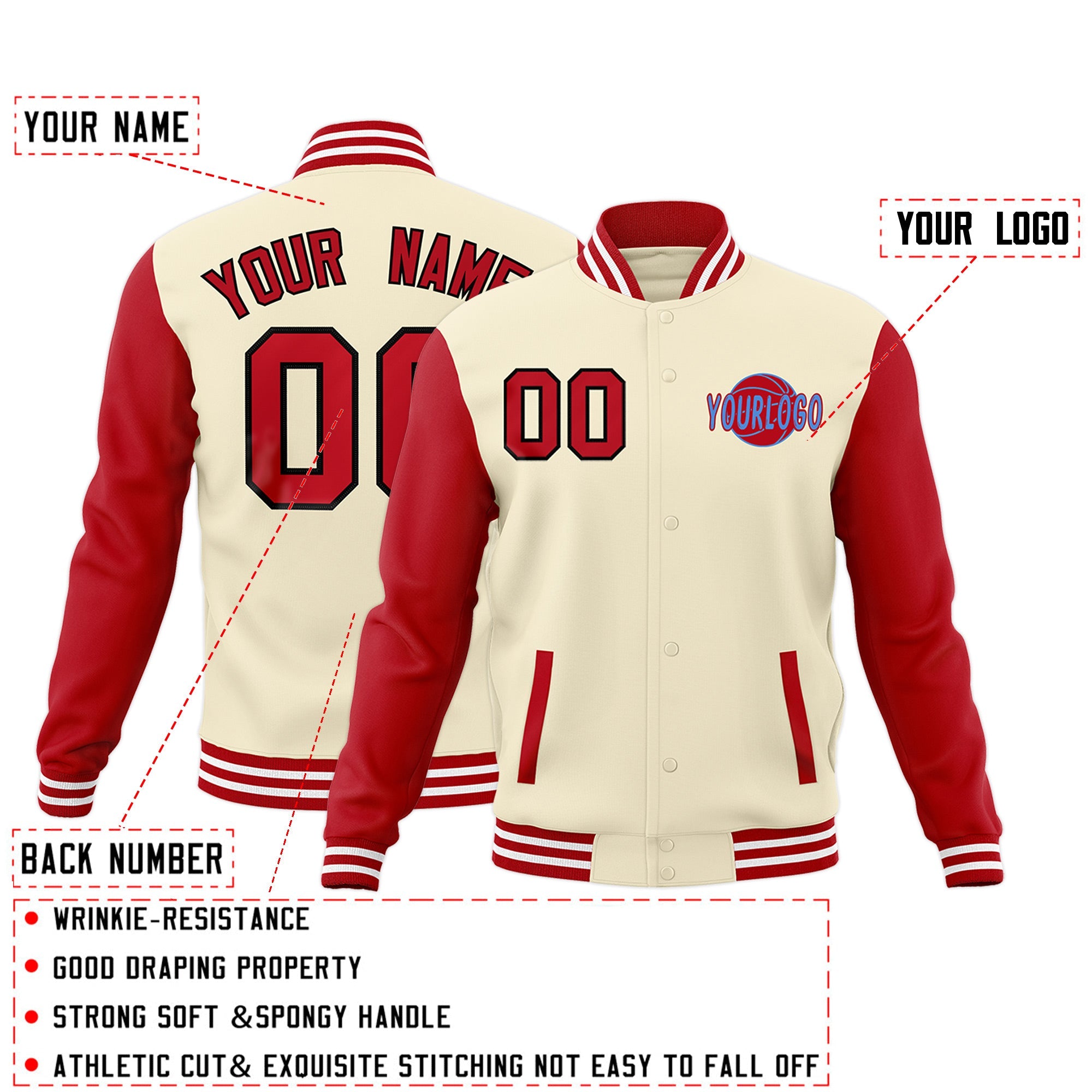 Custom Cream Red White Raglan Sleeves Classic Style Full-Snap Jacket| KXKSHOP