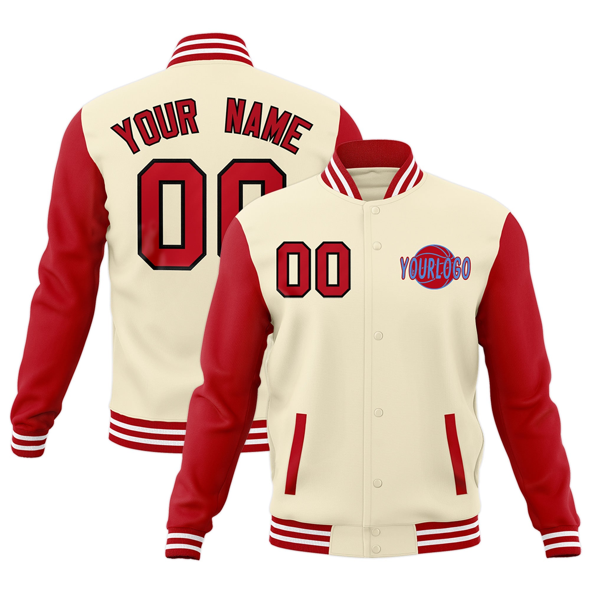 Custom Cream Red White Raglan Sleeves Classic Style Full-Snap Jacket| KXKSHOP