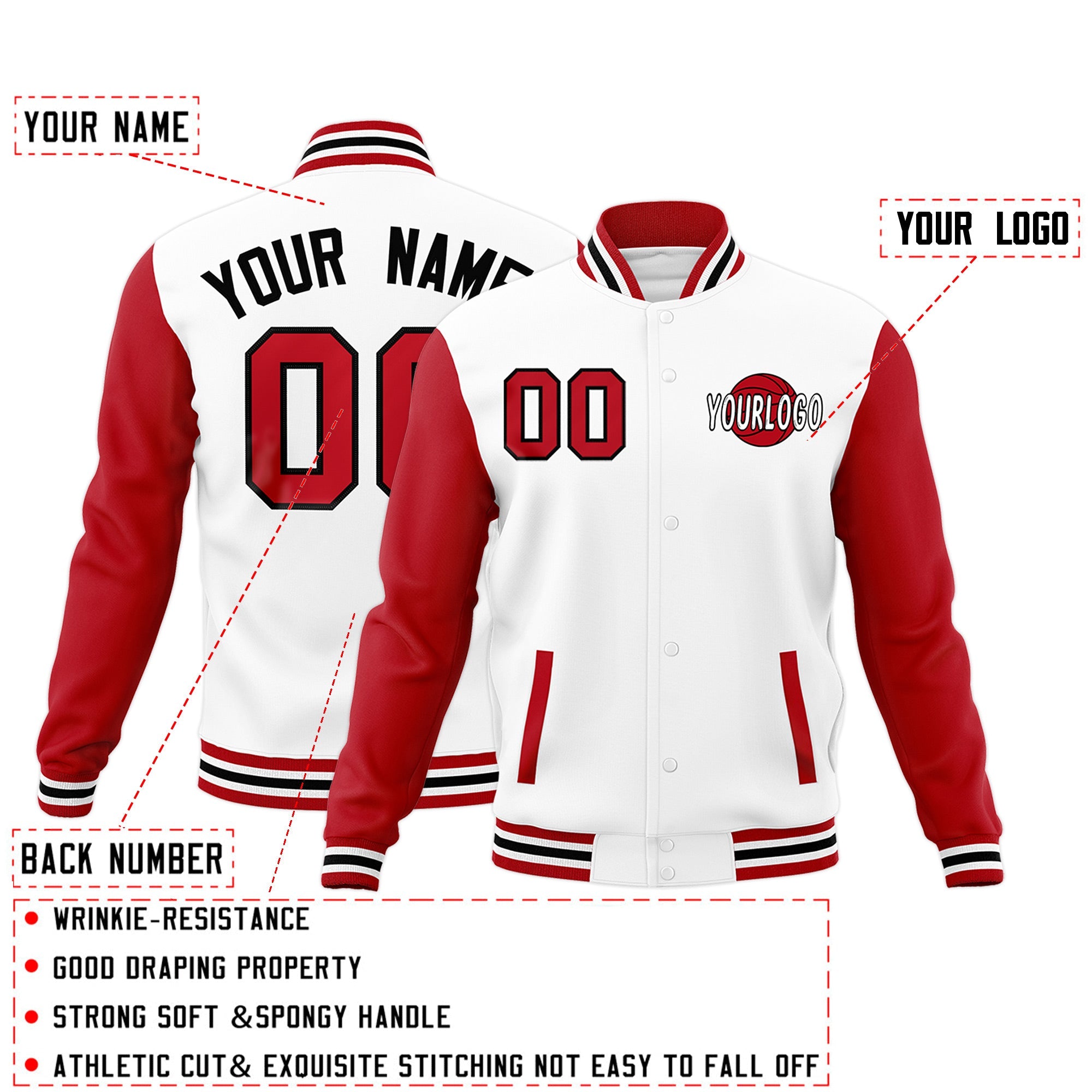 Custom White Red Black Raglan Sleeves Classic Style Full-Snap Jacket| KXKSHOP