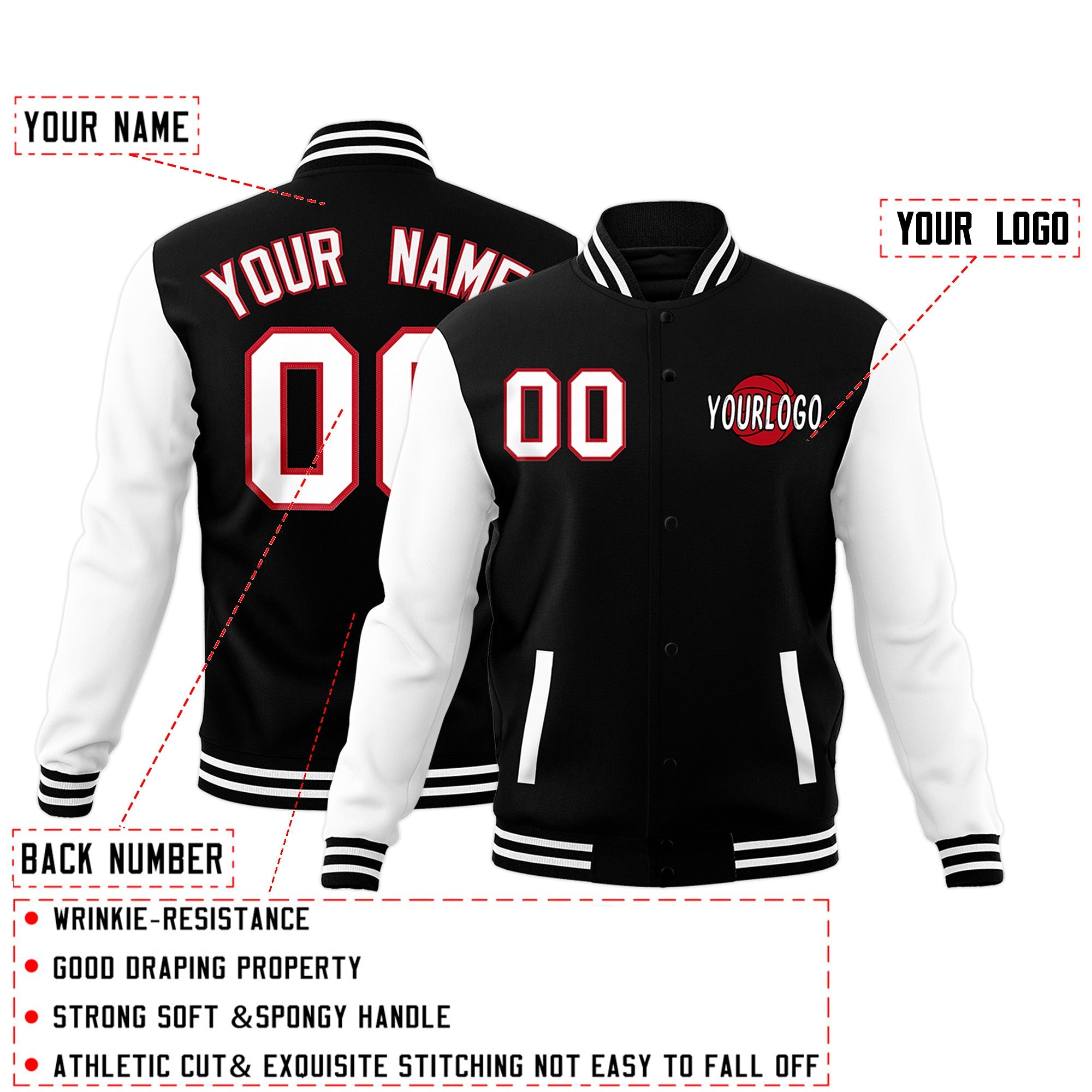 Custom Black White Red Raglan Sleeves Classic Style Full-Snap Jacket| KXKSHOP