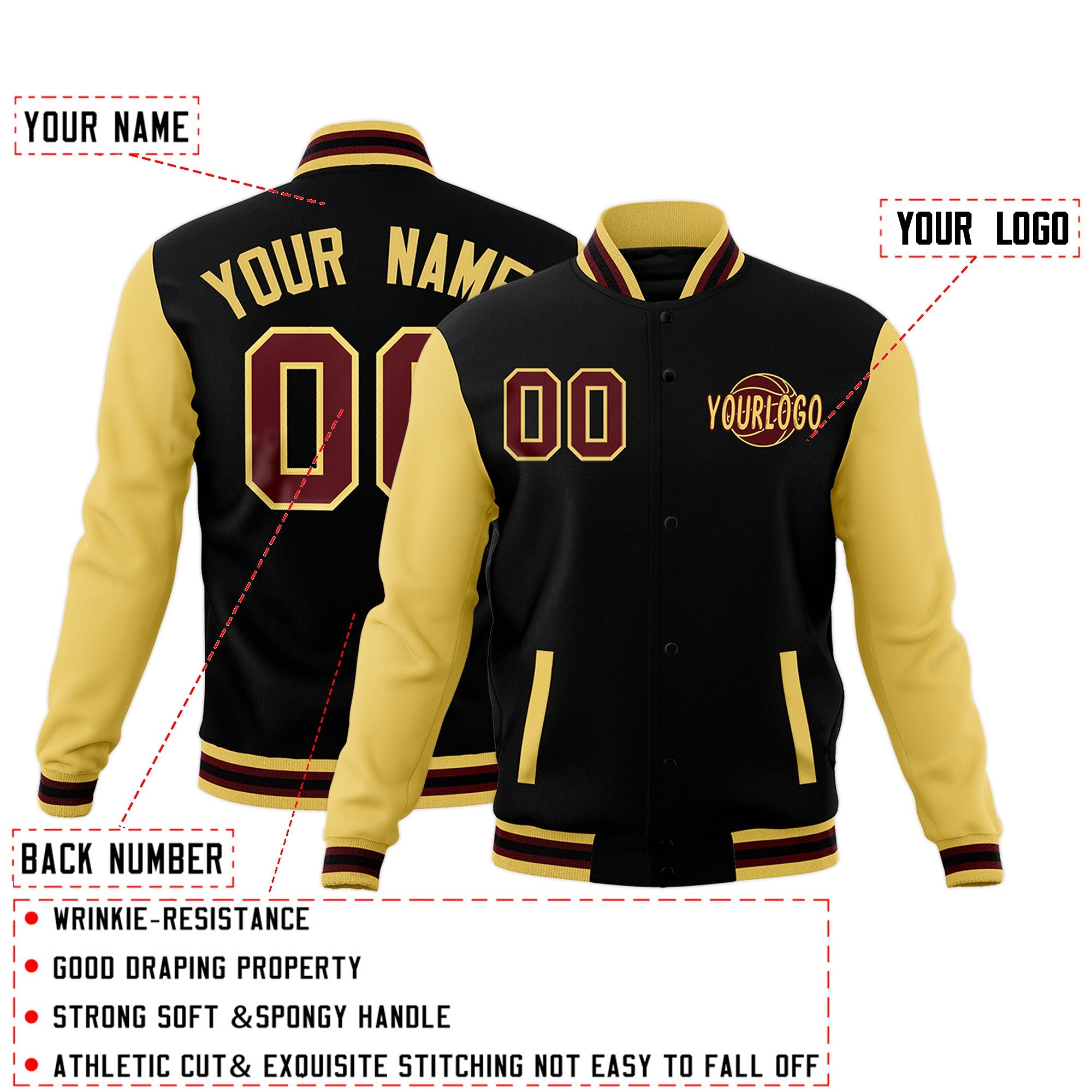 Custom Black Khaki Crimson Raglan Sleeves Classic Style Full-Snap Jacket| KXKSHOP