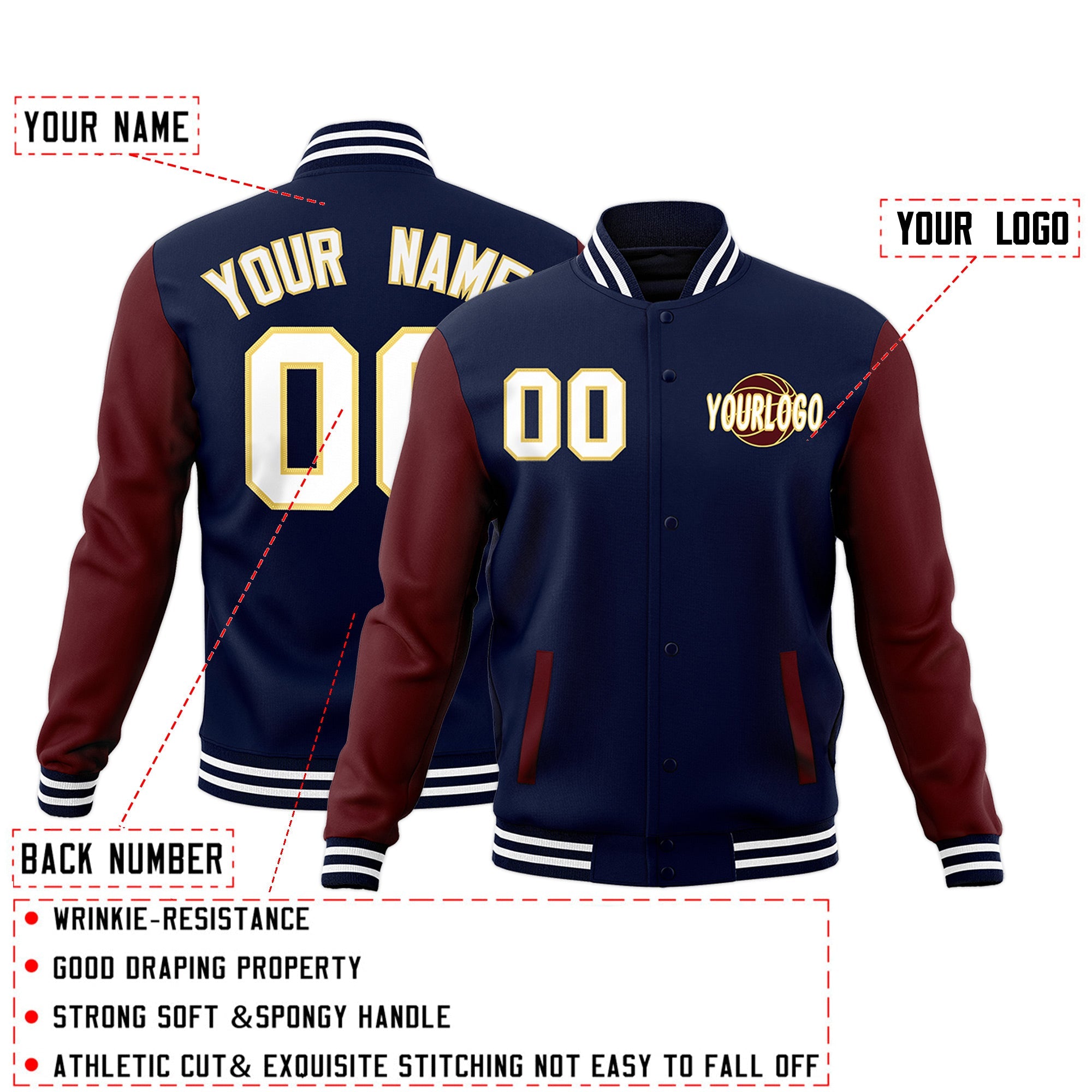 Custom Navy Crimson White Raglan Sleeves Classic Style Full-Snap Jacket| KXKSHOP