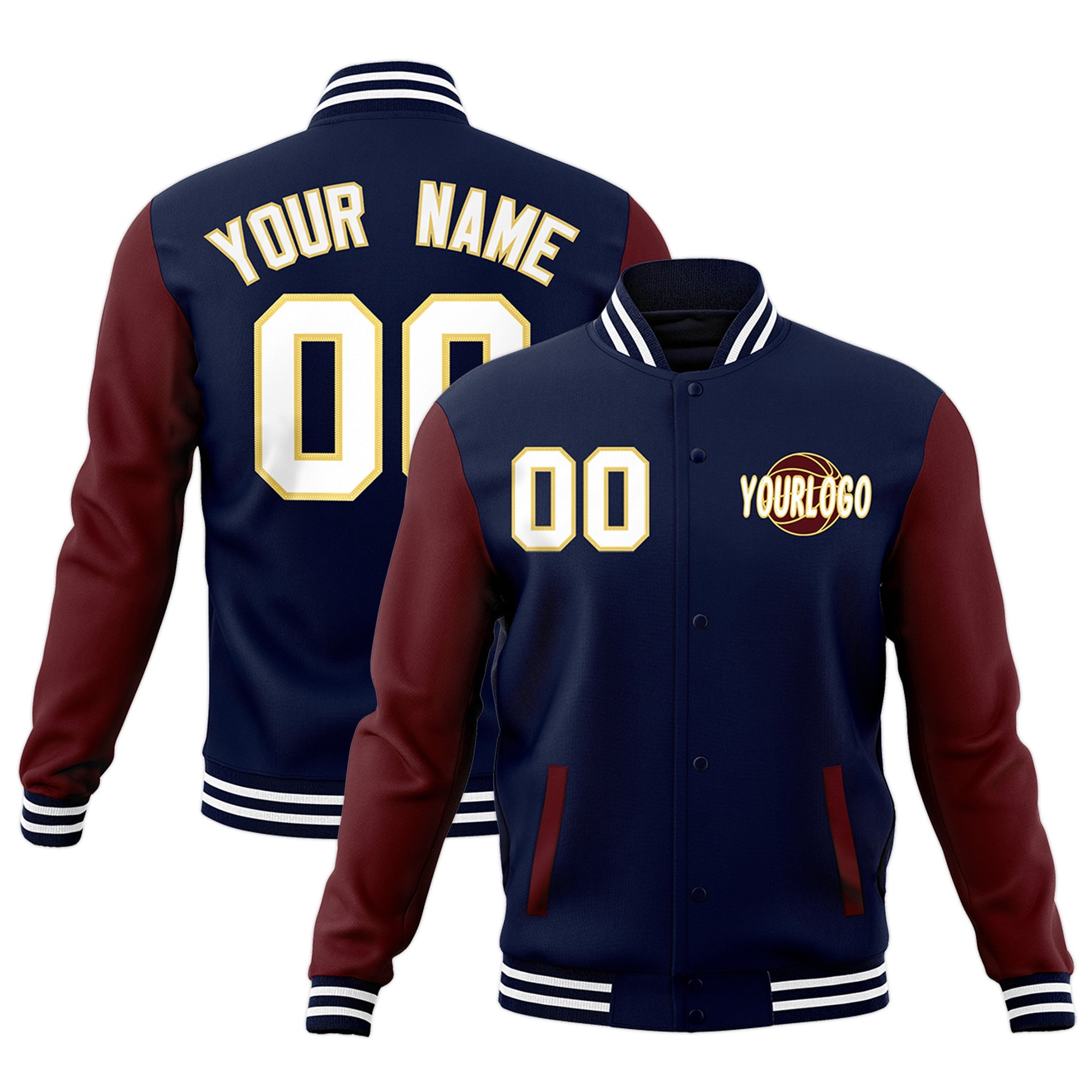 Custom Navy Crimson White Raglan Sleeves Classic Style Full-Snap Jacket| KXKSHOP