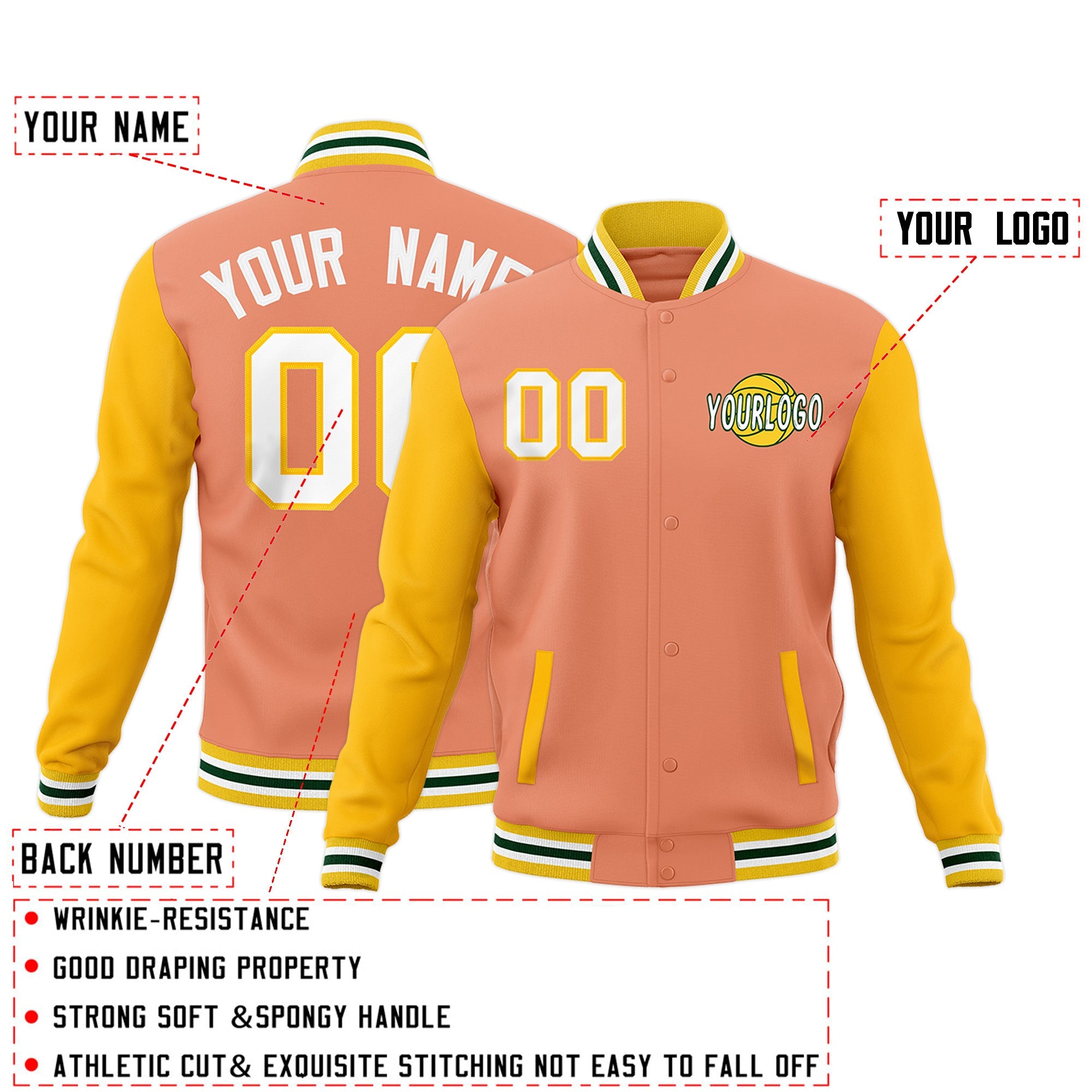 Custom Light Orange Gold White Raglan Sleeves Classic Style Full-Snap Jacket| KXKSHOP