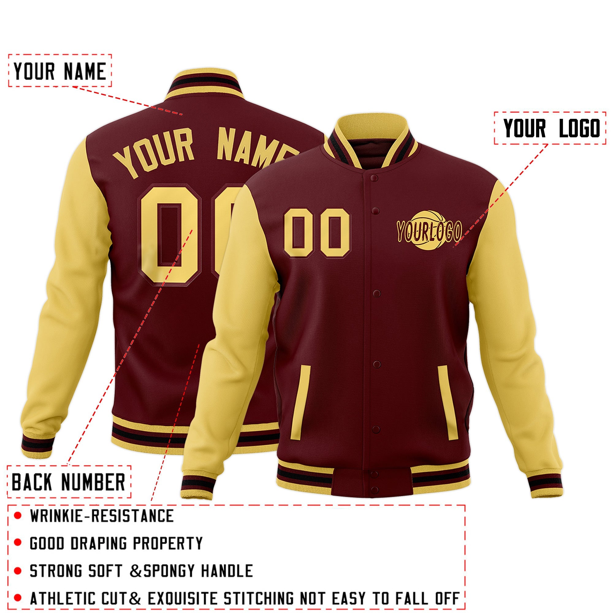 Custom Crimson Khaki Black Raglan Sleeves Classic Style Full-Snap Jacket| KXKSHOP