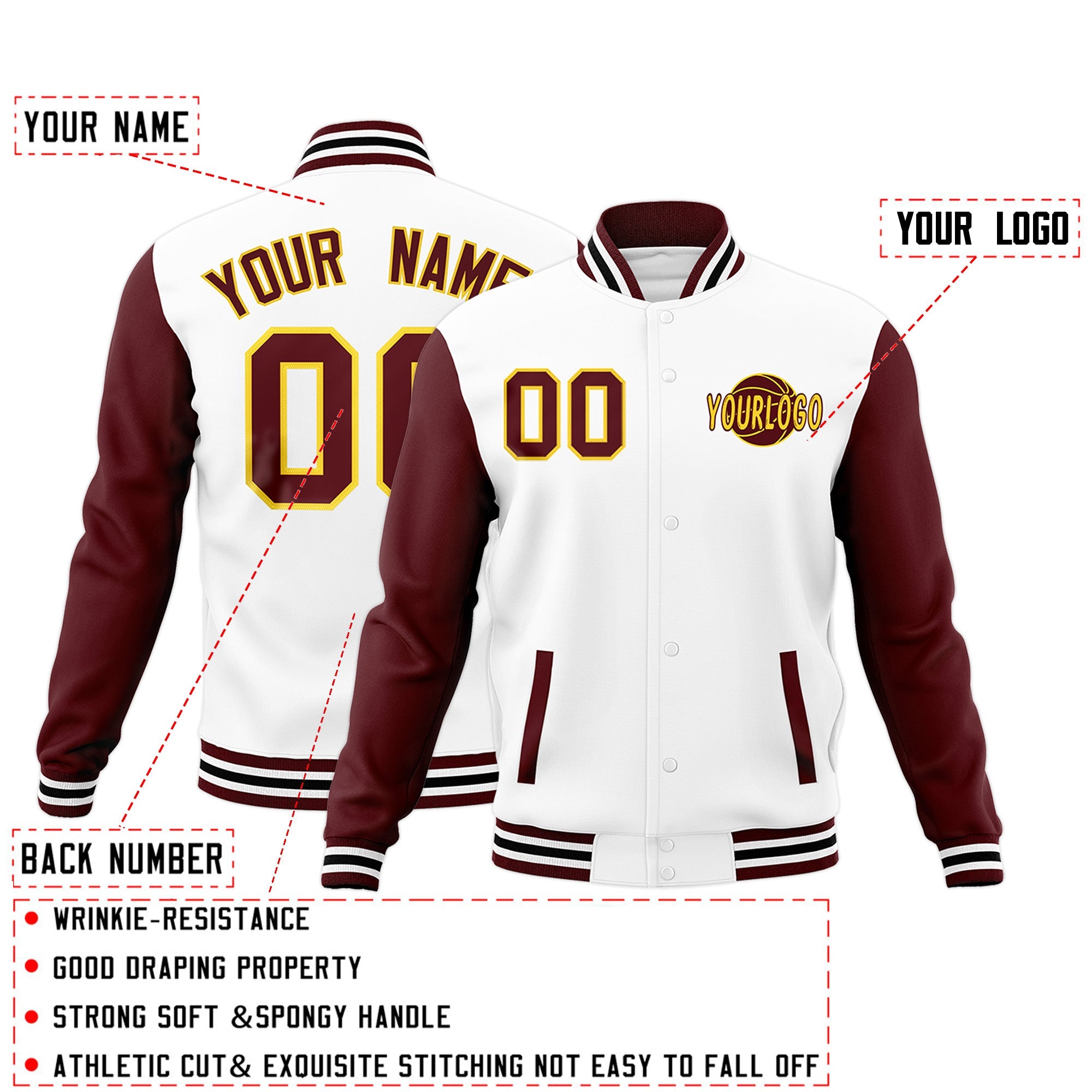 Custom White Crimson Black Raglan Sleeves Classic Style Full-Snap Jacket| KXKSHOP
