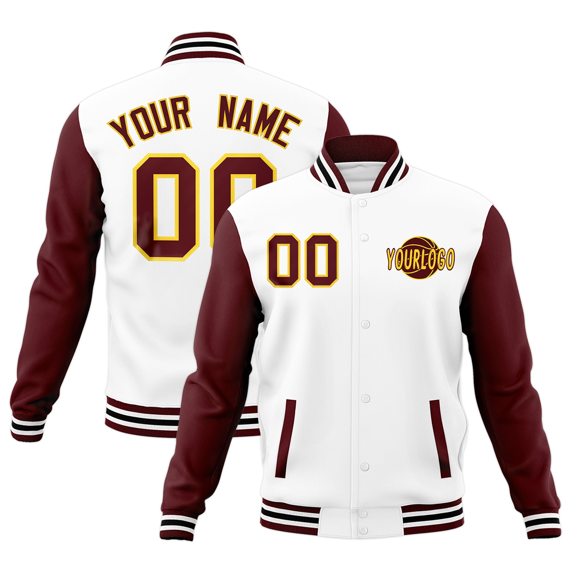 Custom White Crimson Black Raglan Sleeves Classic Style Full-Snap Jacket| KXKSHOP