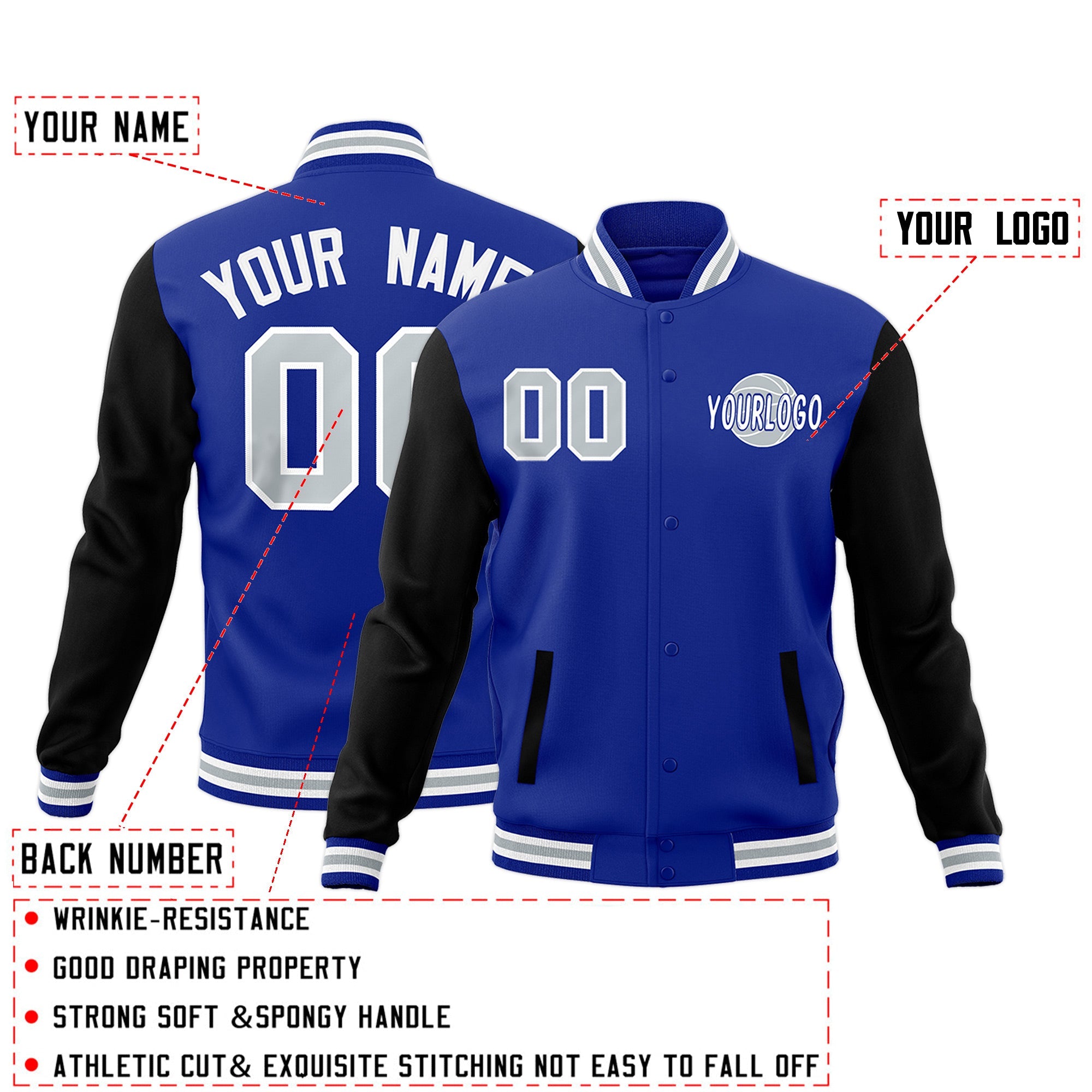 Custom Black White Royal Blue Raglan Sleeves Classic Style Full-Snap Jacket| KXKSHOP